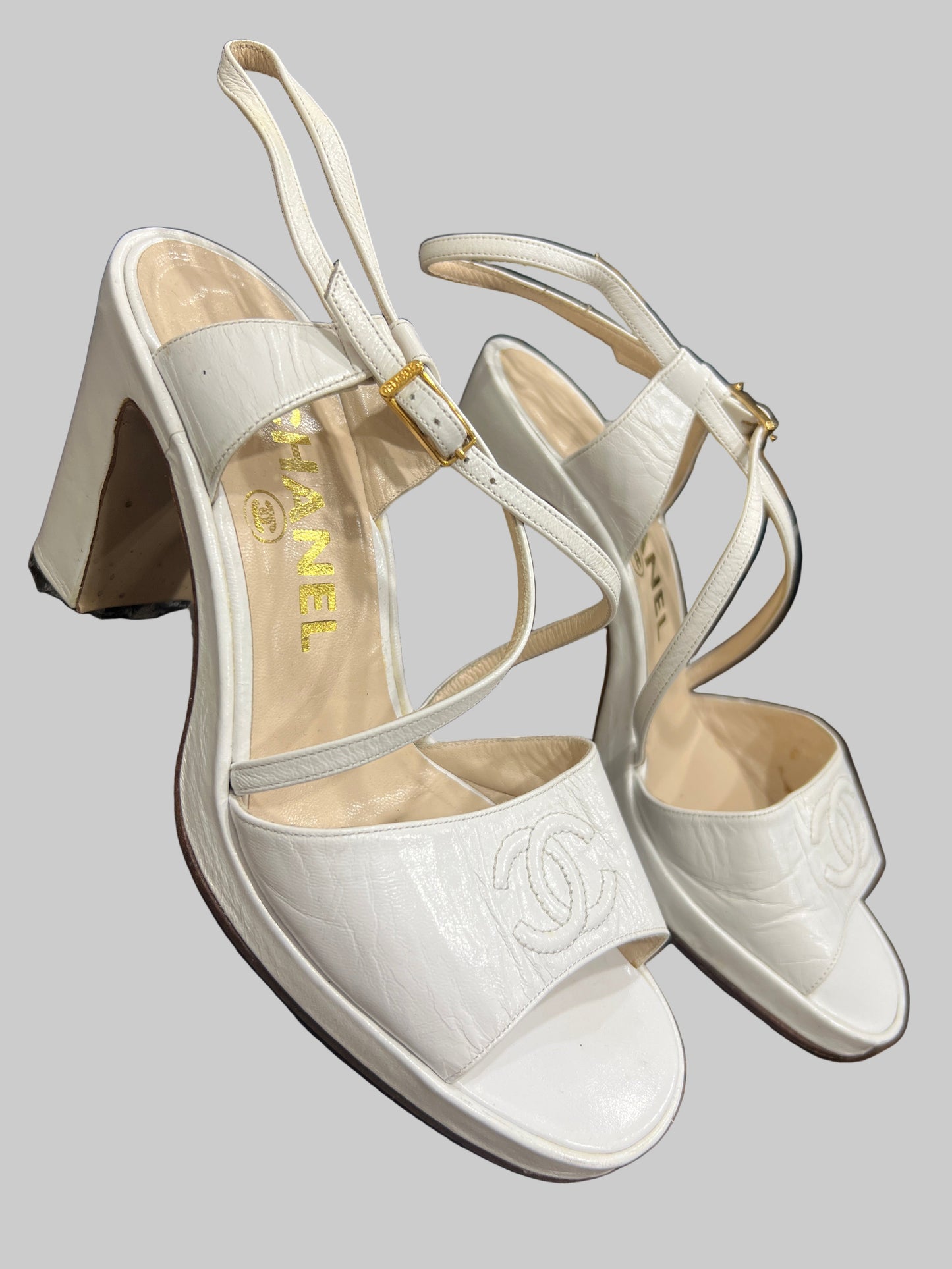 CHANEL White Logo Chunky Heels SIZE 37 1/2