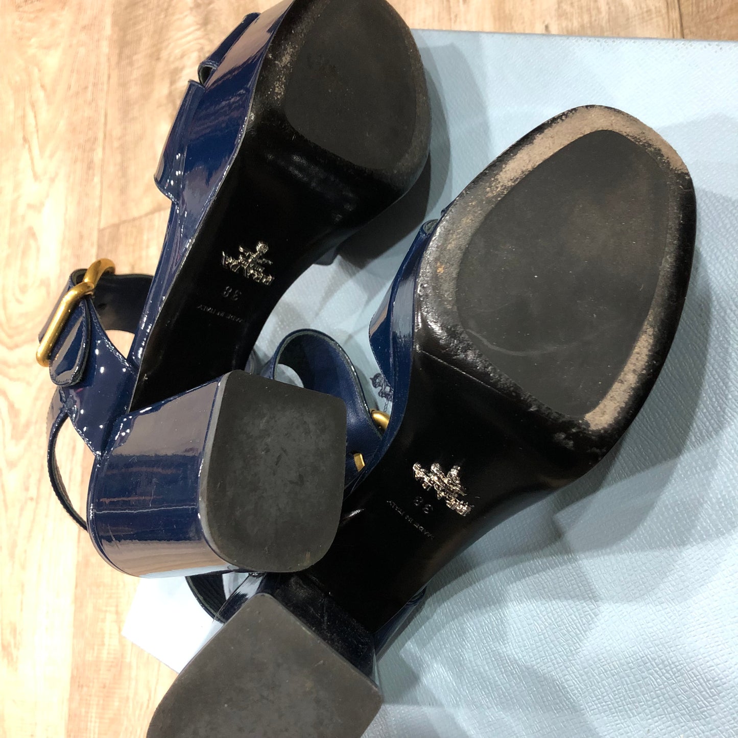 PRADA Crisscross Navy Blue Patent Leather Platform Sandals Size 38