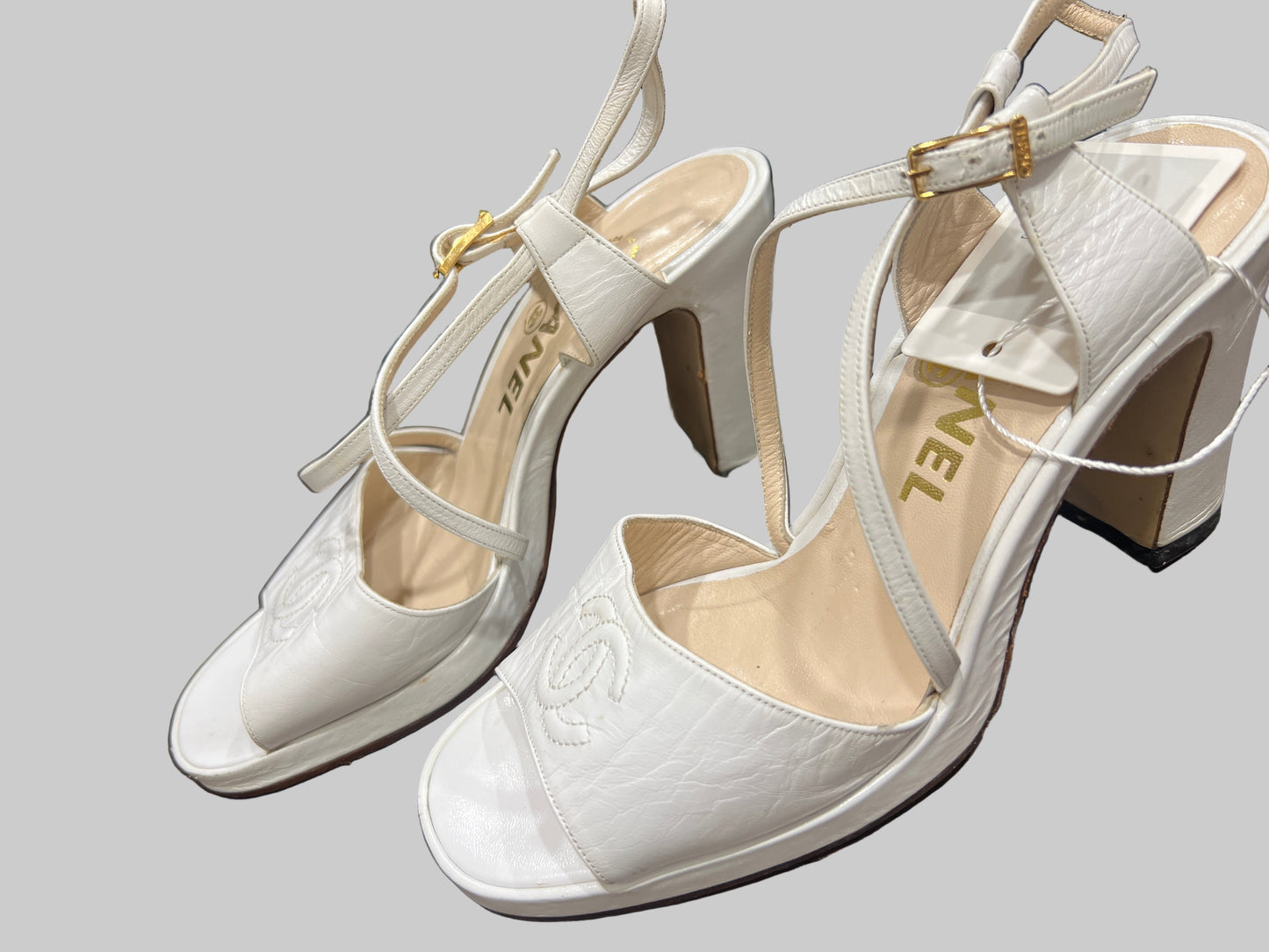 CHANEL White Logo Chunky Heels SIZE 37 1/2