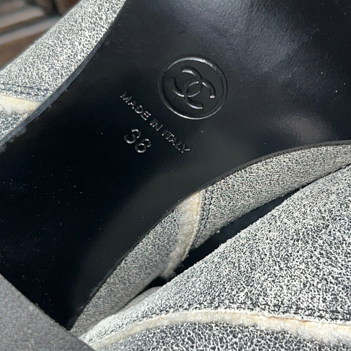 CHANEL Suade Calf Skin CC Ankle Boots Grey Leather Size 38