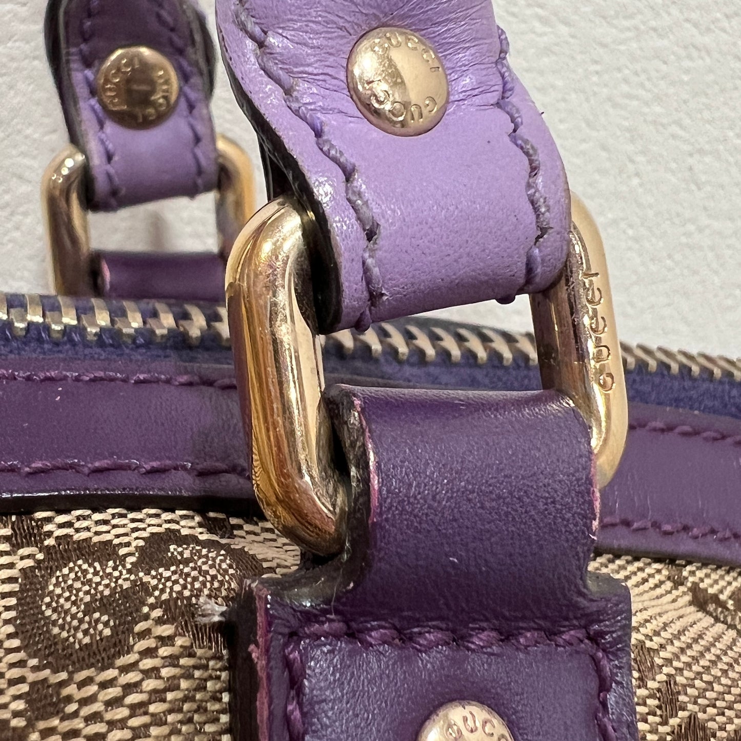 GUCCI GG Canvas Tote Bag Purple Trim and Leather Tassel Charm