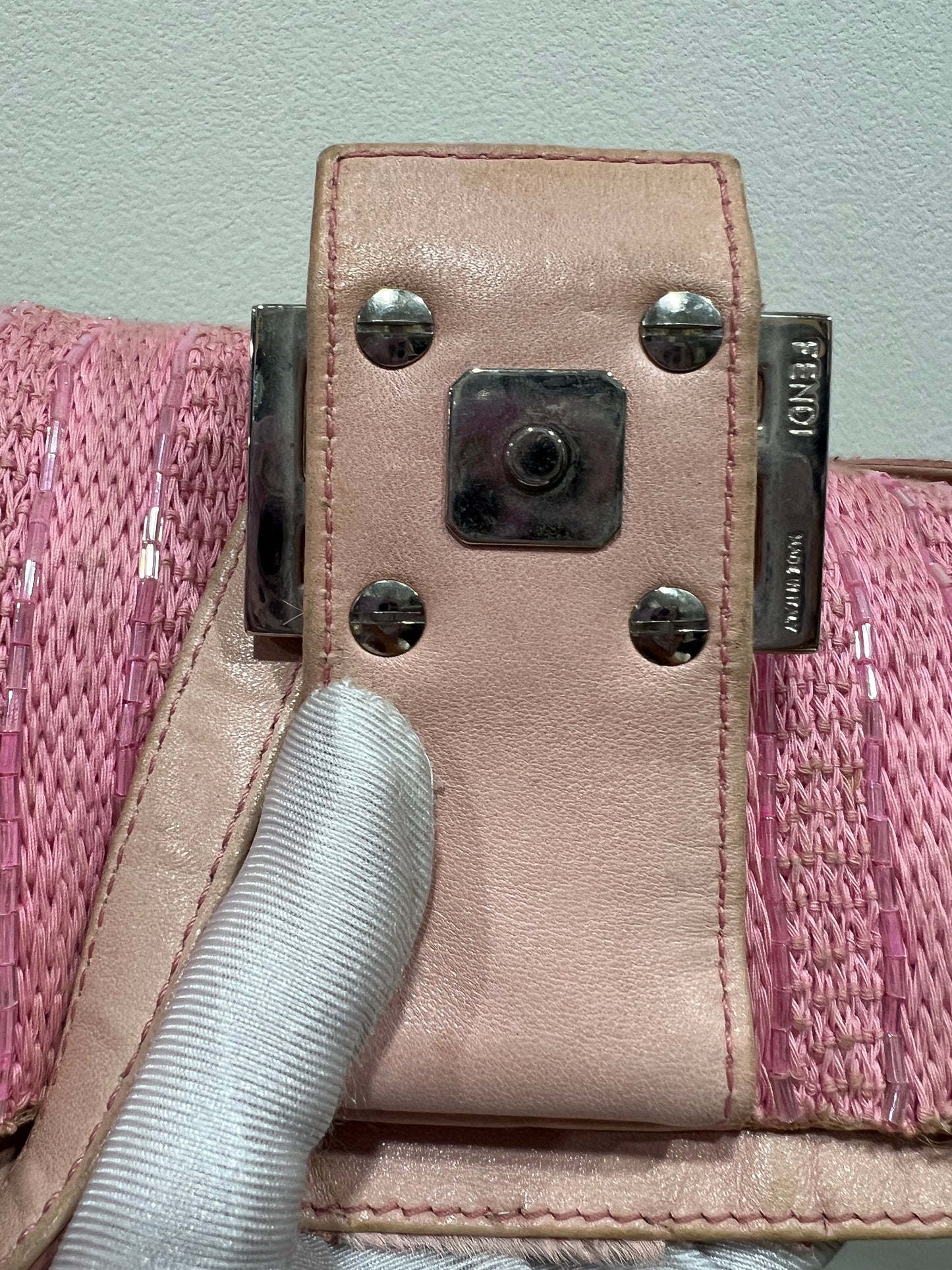 FENDI Pink Beaded Baguette Shoulder Bag