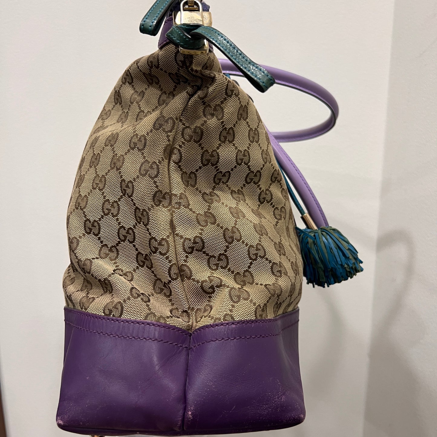 GUCCI GG Canvas Tote Bag Purple Trim and Leather Tassel Charm