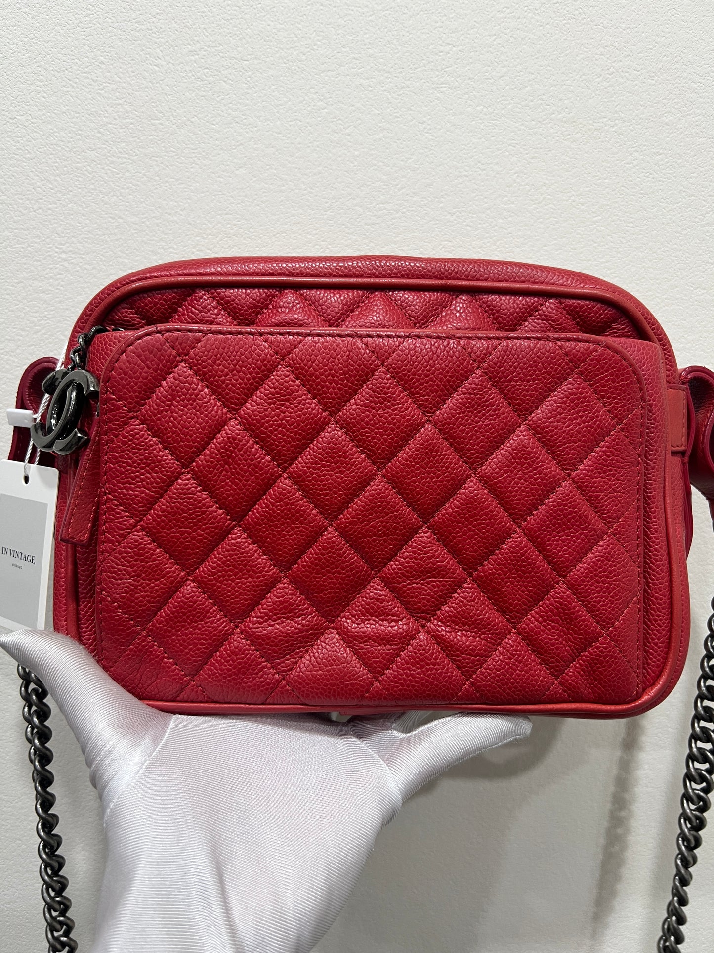 CHANEL Red Caviar Leather Camera Chain Bag