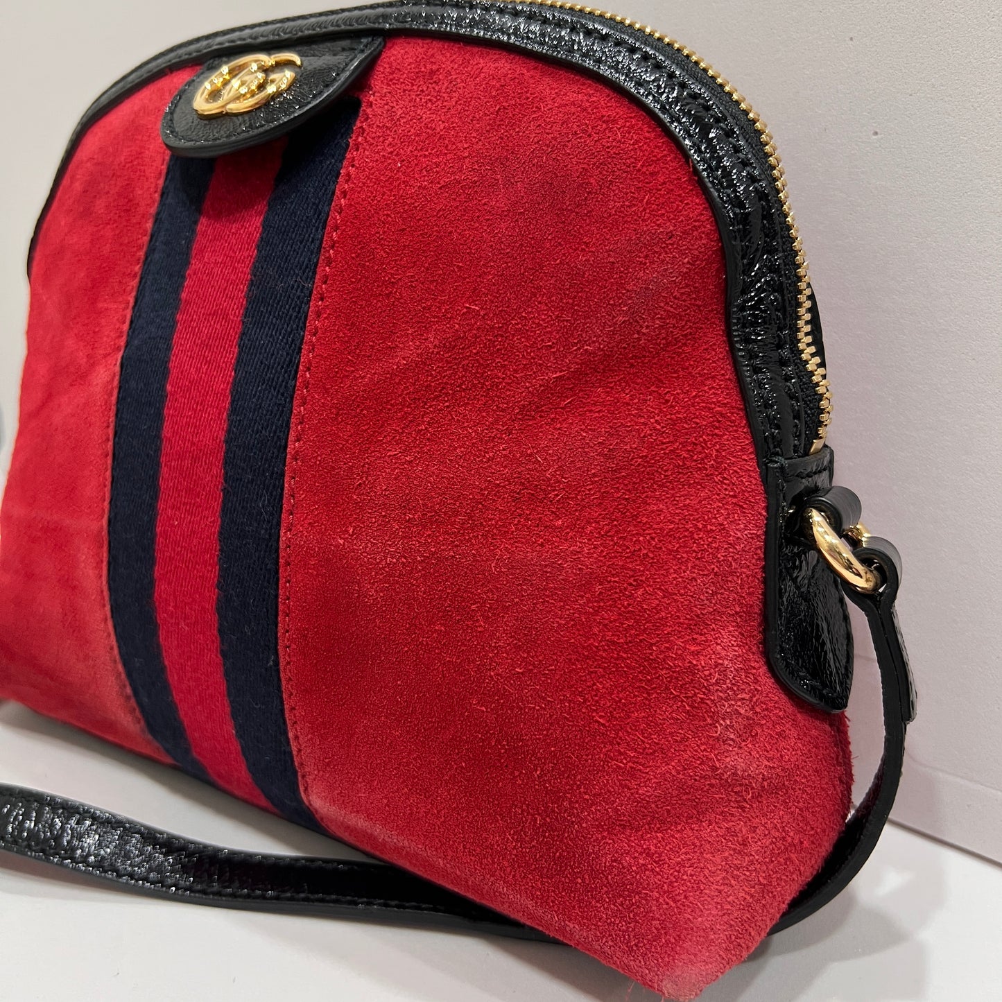 GUCCI Ophidia GG Suede Half-Moon Shoulder Bag RED