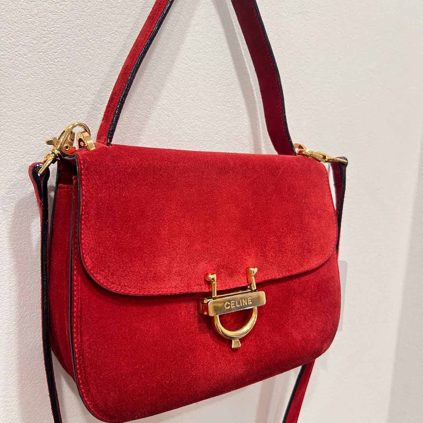 CELINE Horseshoe Red Suede Leather Two-Way Handbag