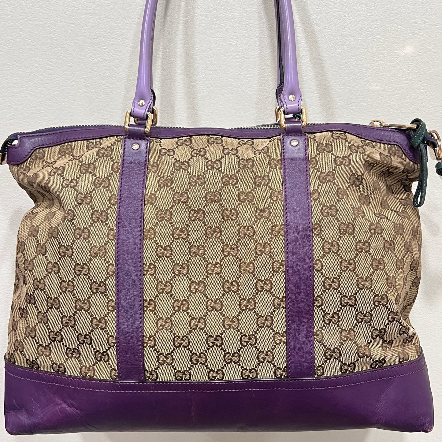 GUCCI GG Canvas Tote Bag Purple Trim and Leather Tassel Charm