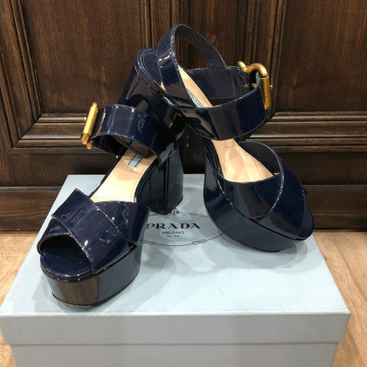 PRADA Crisscross Navy Blue Patent Leather Platform Sandals Size 38