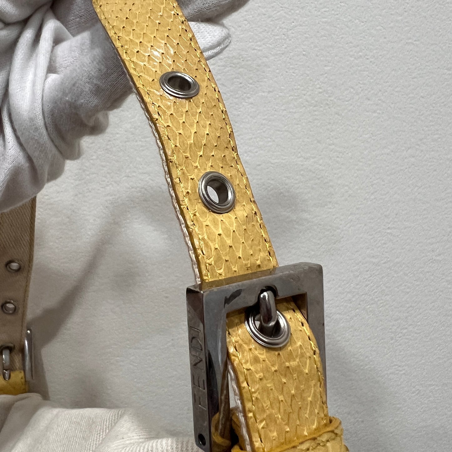 FENDI White Denim & Snakeskin Baguette