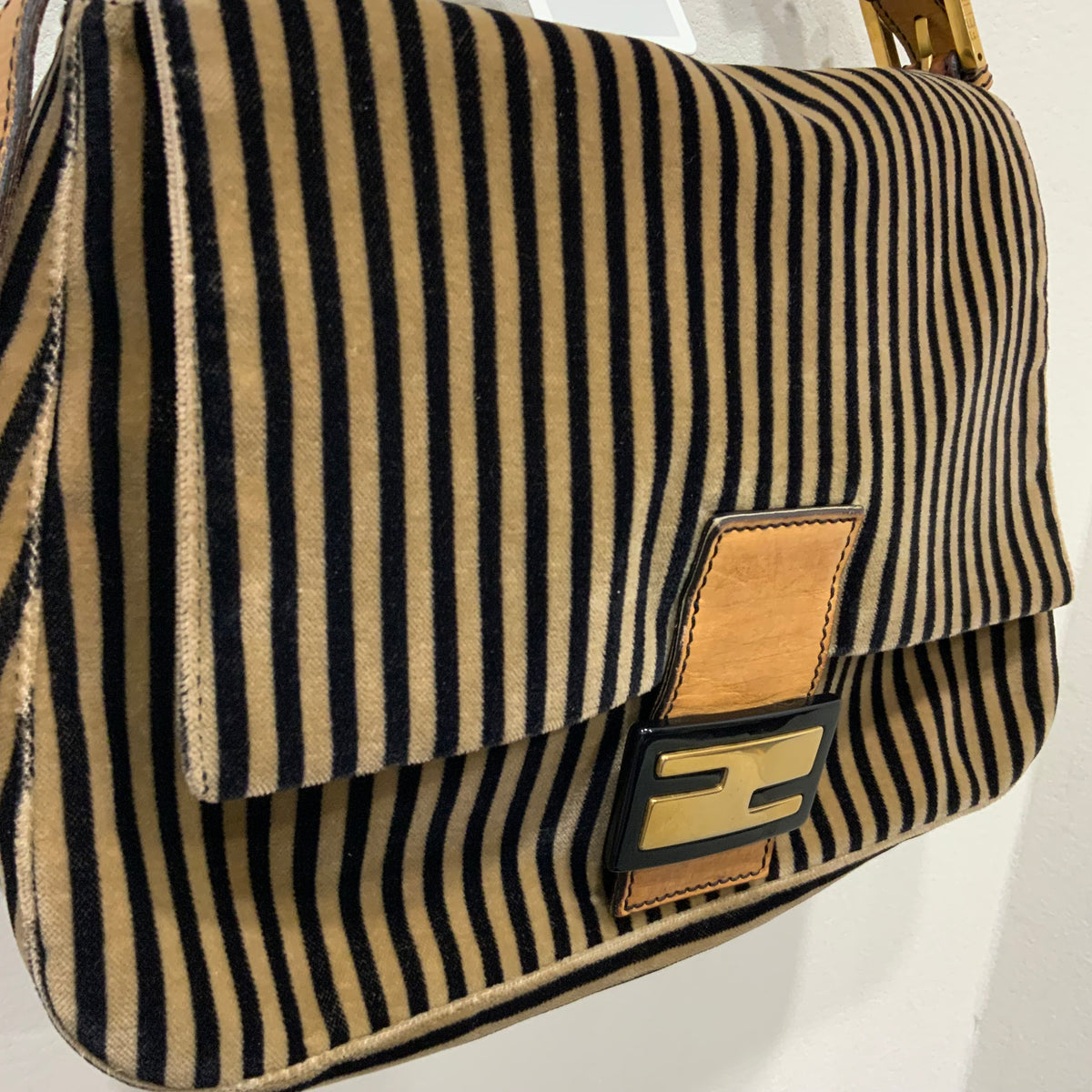 FENDI Velvet Pequin Striped Mamma Baguette Flap