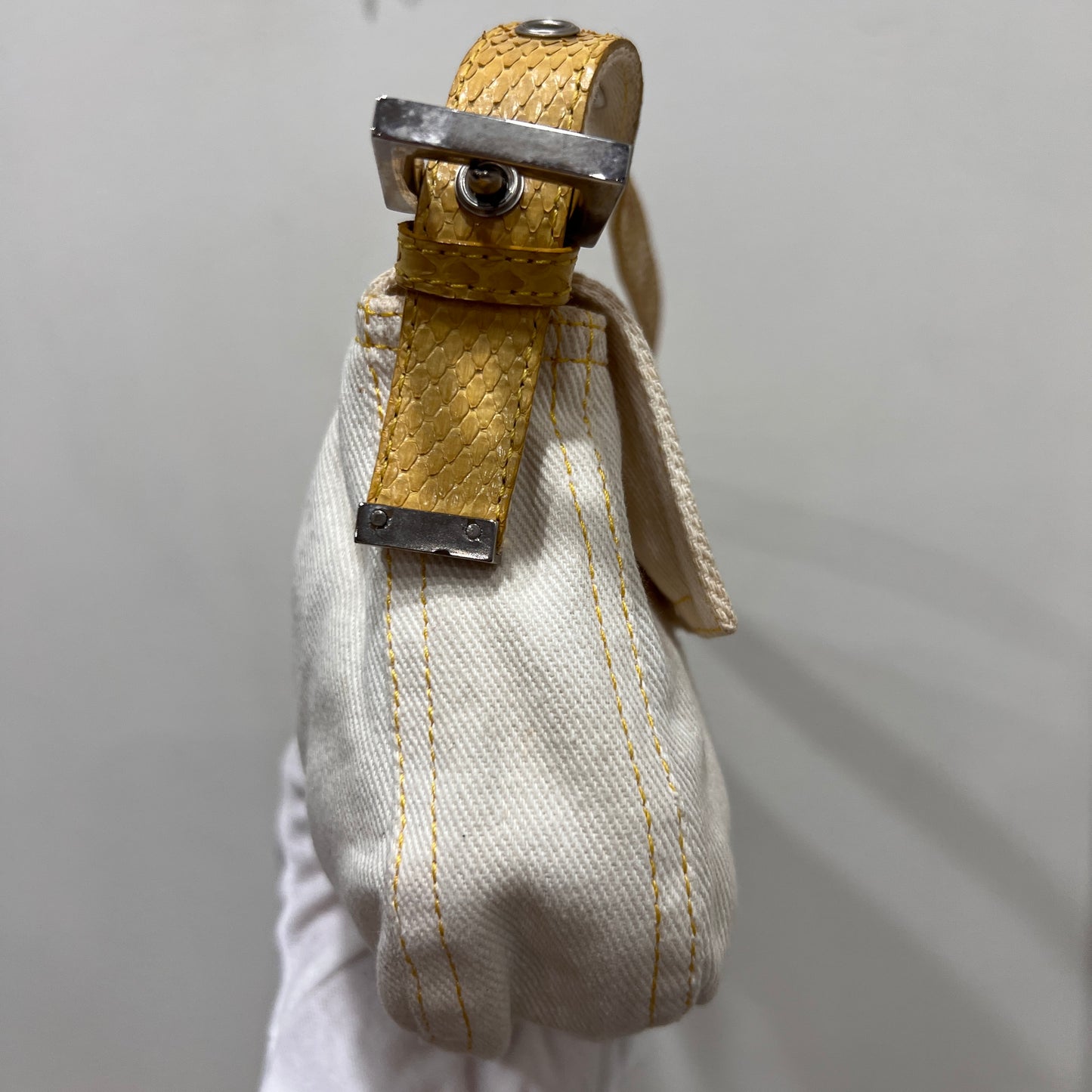 FENDI White Denim & Snakeskin Baguette