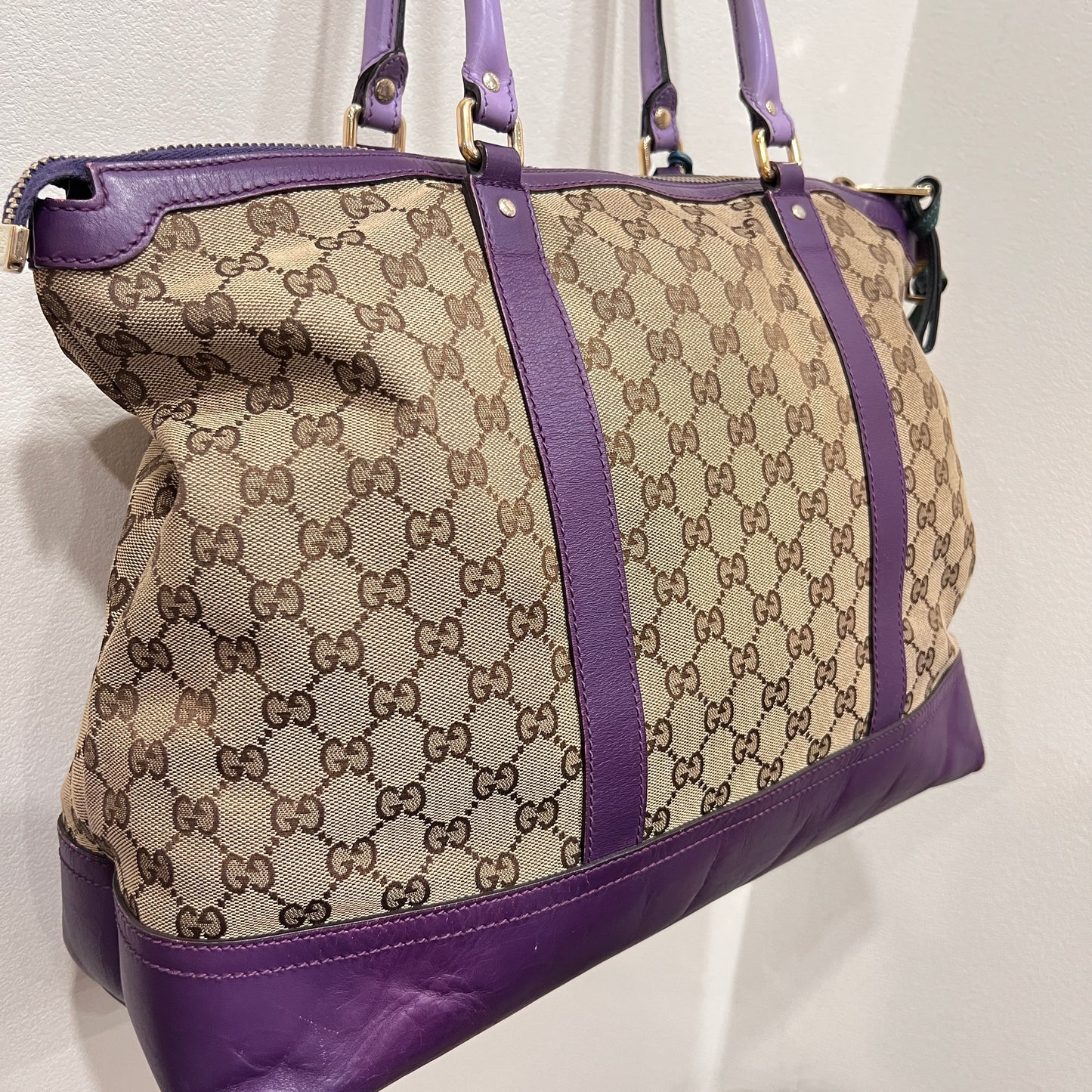 GUCCI GG Canvas Tote Bag Purple Trim and Leather Tassel Charm