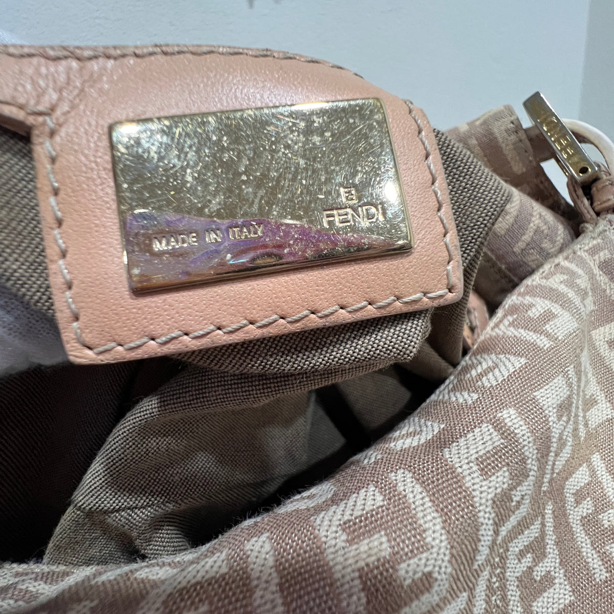 FENDI Mamma Baguette Zuccino Canvas in Old Rose Gold