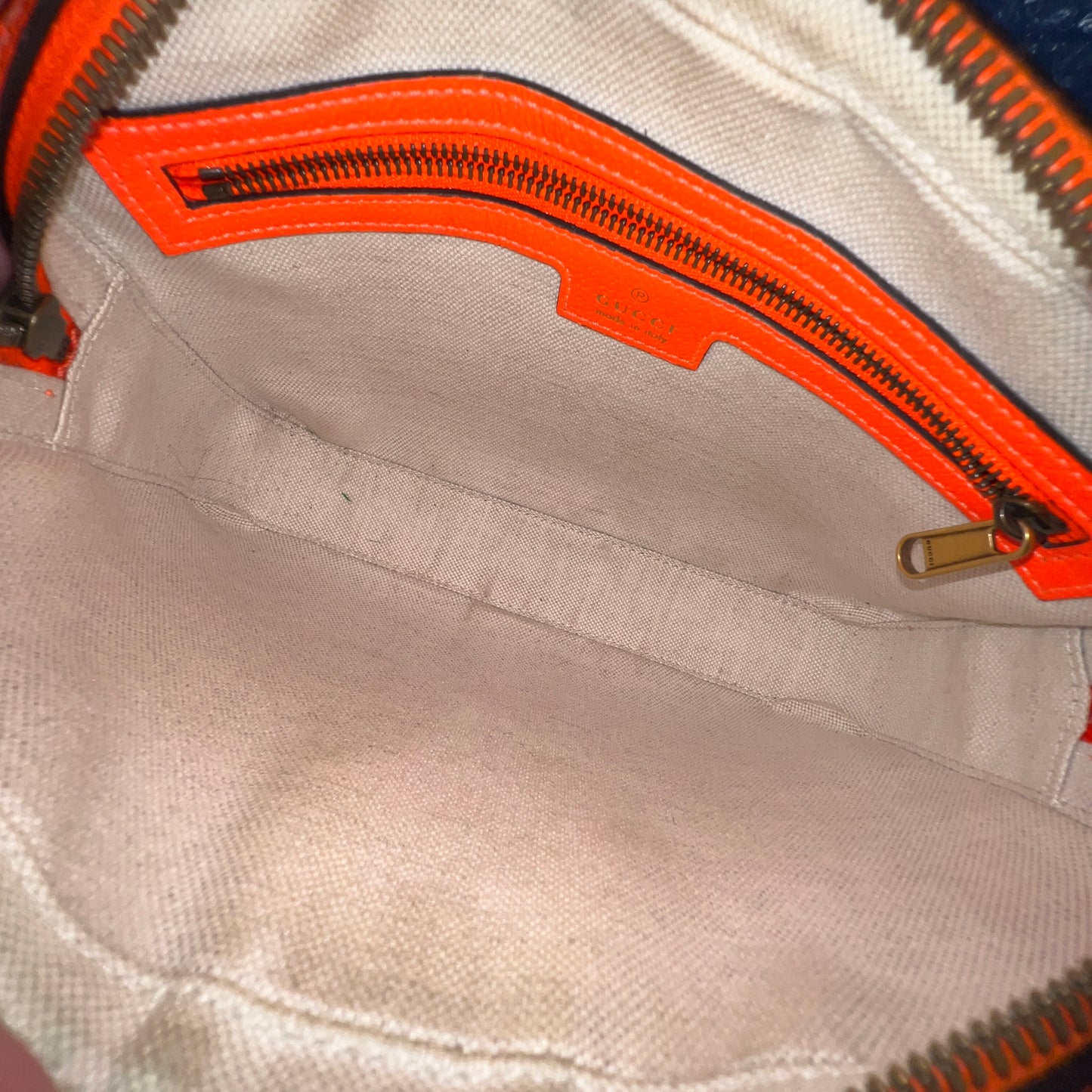 GUCCI GG Supreme Monogram Textured Dollar Calfskin Web Ophidia Wristlet Shoulder Bag Beige Ebony Orange