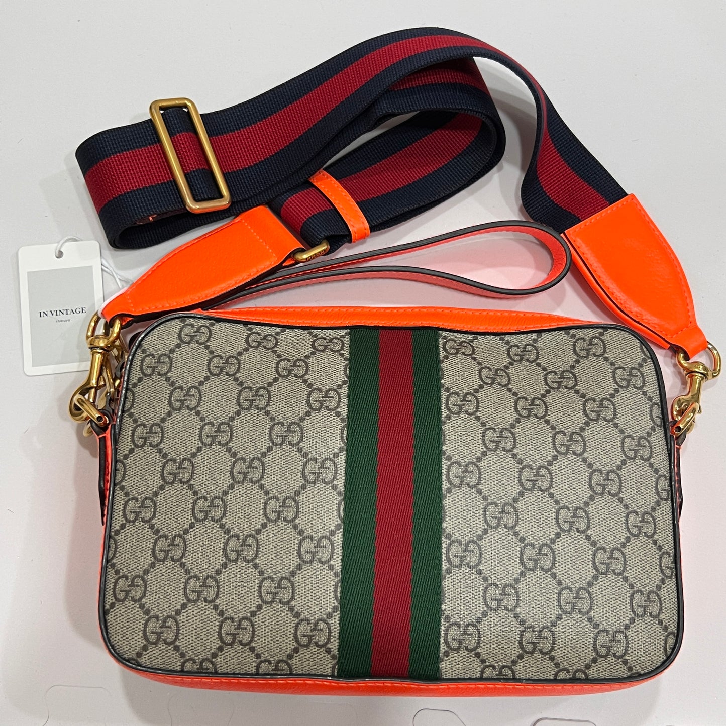 GUCCI GG Supreme Monogram Textured Dollar Calfskin Web Ophidia Wristlet Shoulder Bag Beige Ebony Orange