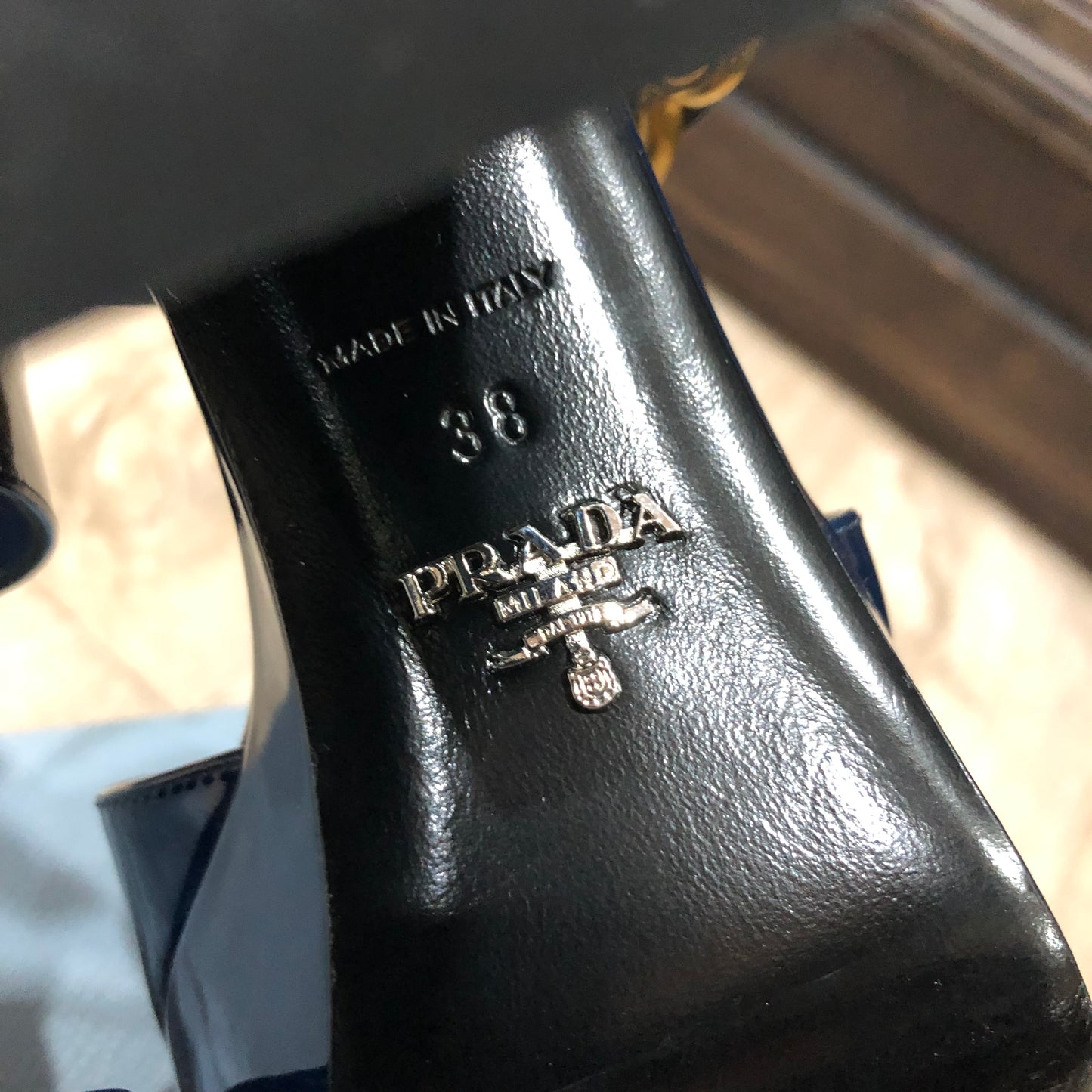 PRADA Crisscross Navy Blue Patent Leather Platform Sandals Size 38