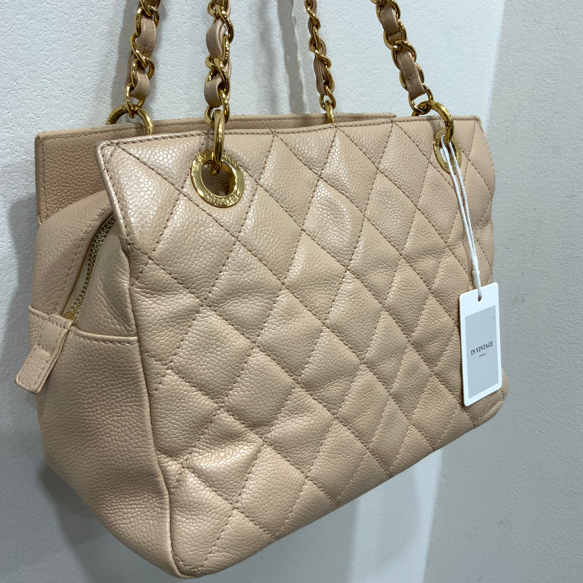 CHANEL Beige Petite Timeless Tote Quilted Caviar Leather