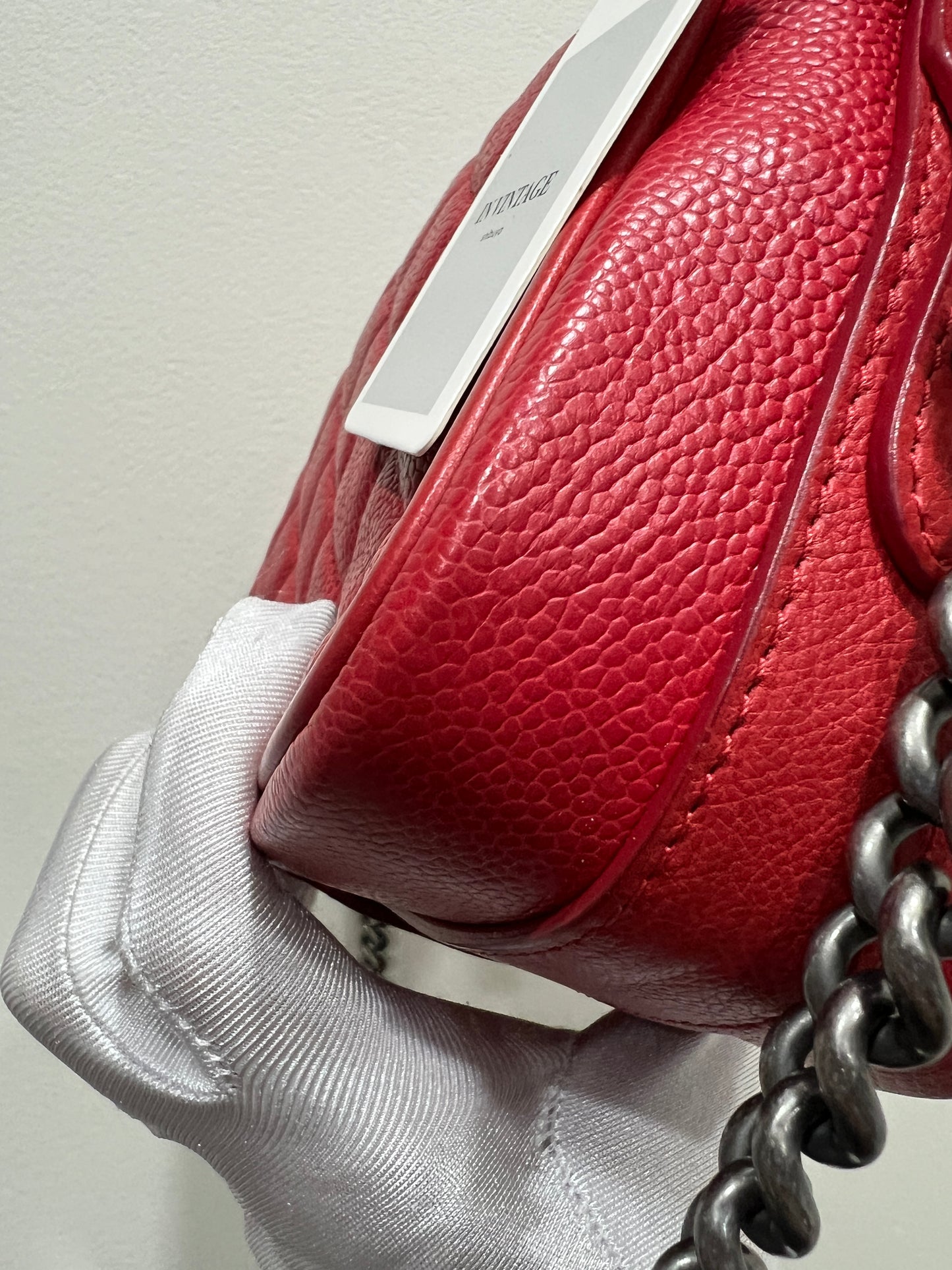 CHANEL Red Caviar Leather Camera Chain Bag