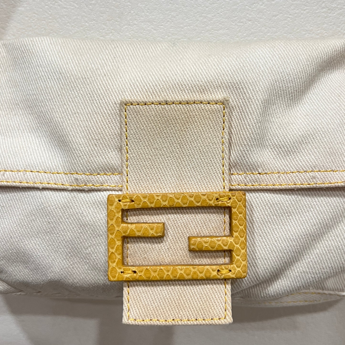 FENDI White Denim & Snakeskin Baguette