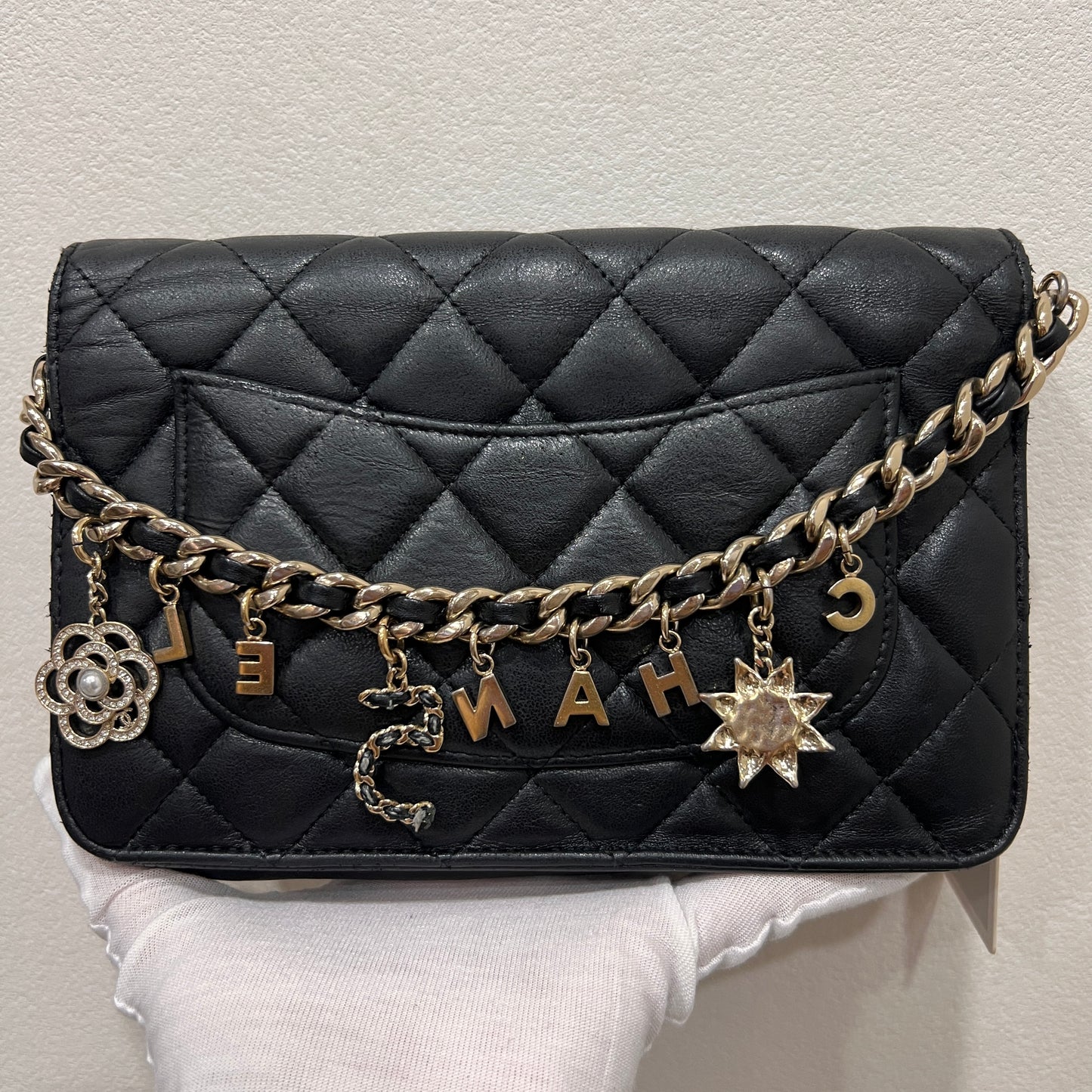 CHANEL Black Wallet on Chain (WOC) Coco Charm Lambskin