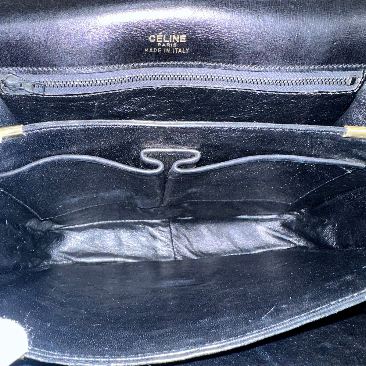 CELINE  Vintage Celine Horse Carriage Buckle Shoulder Bag in Dark leather with a Signature Gold-and-Silver Tone Sulky Horse-and-Carriage Front Clasp