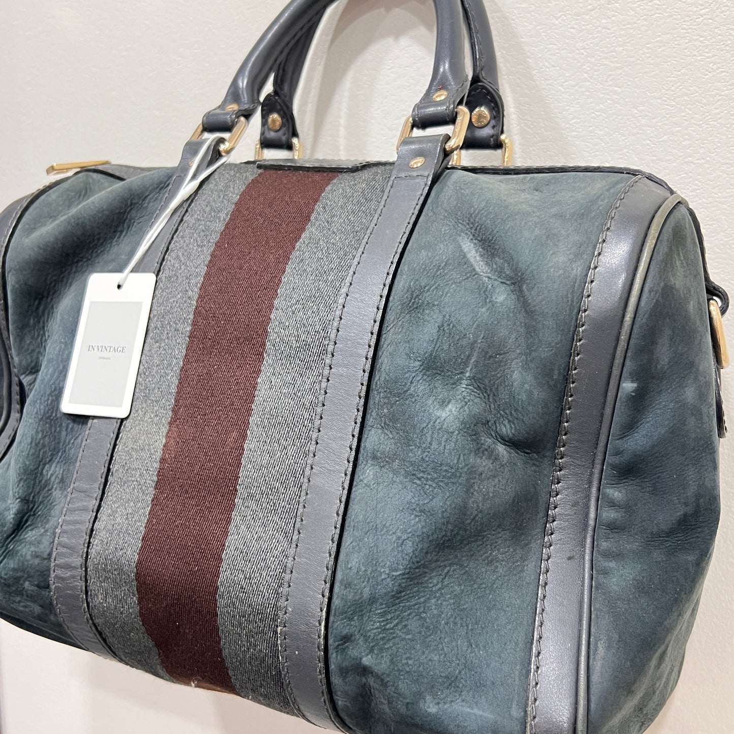 GUCCI Green Gucci Suede Web Satchel/Boston Bag