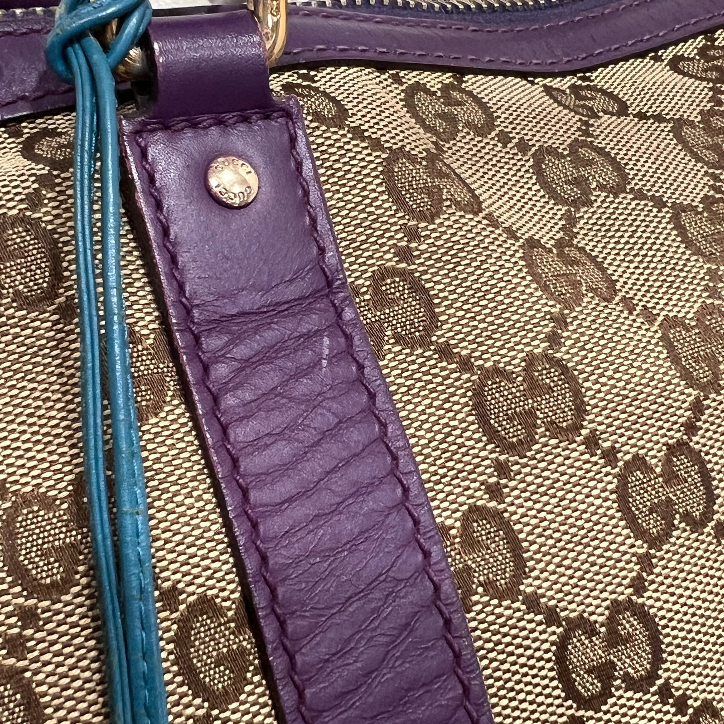 GUCCI GG Canvas Tote Bag Purple Trim and Leather Tassel Charm