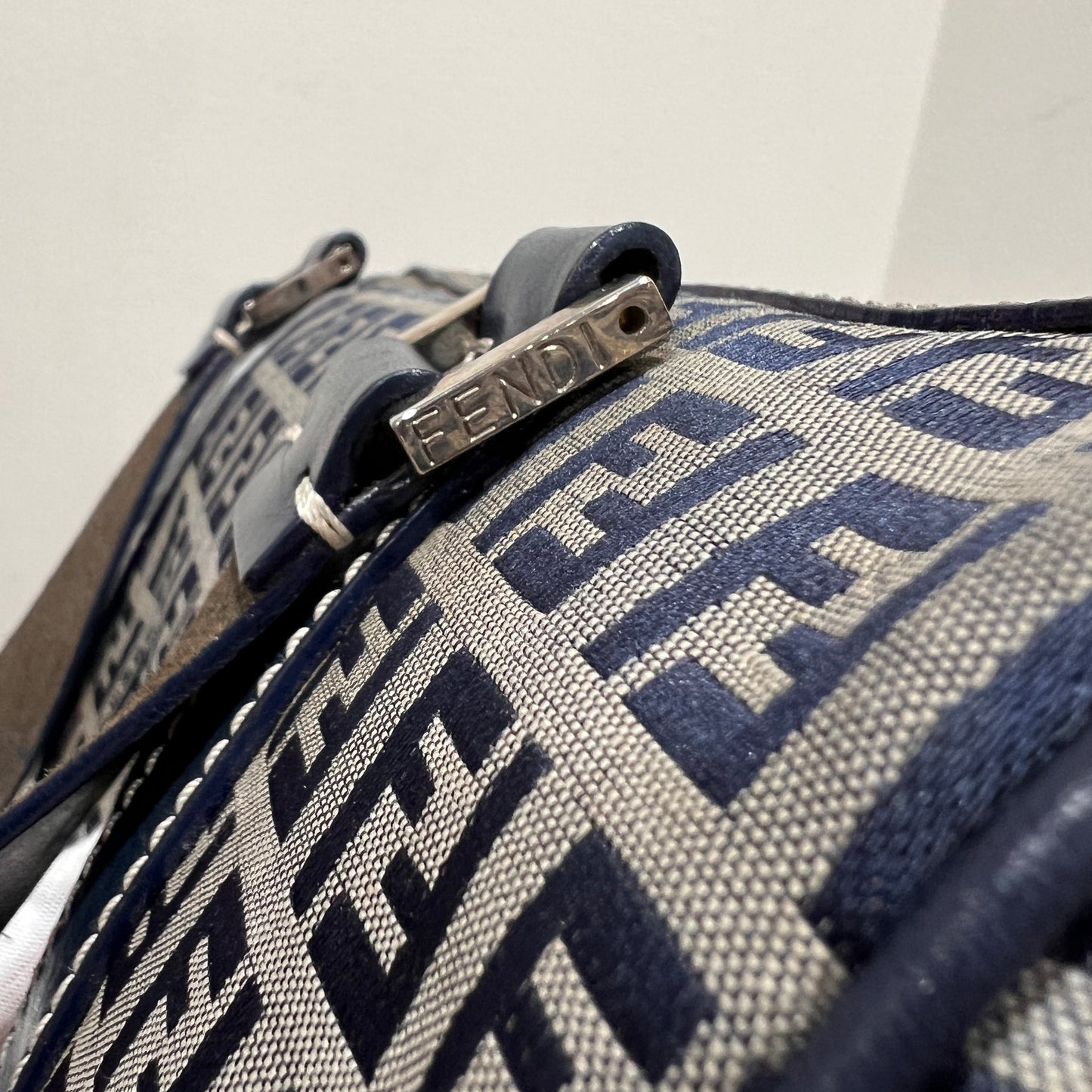FENDI Zuccino Navy Blue Silver Hardware Handbag 25cm