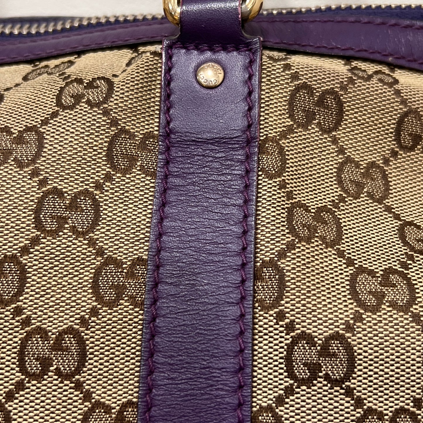 GUCCI GG Canvas Tote Bag Purple Trim and Leather Tassel Charm