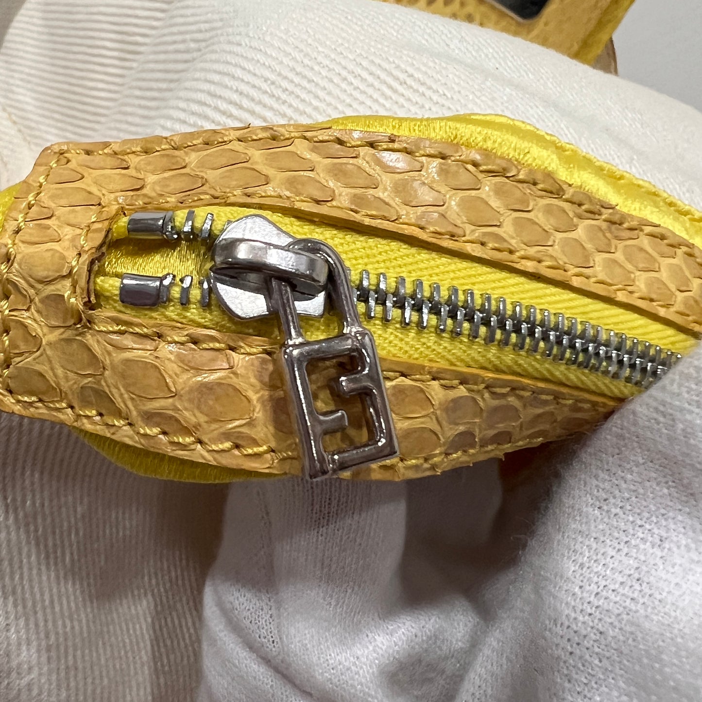 FENDI White Denim & Snakeskin Baguette