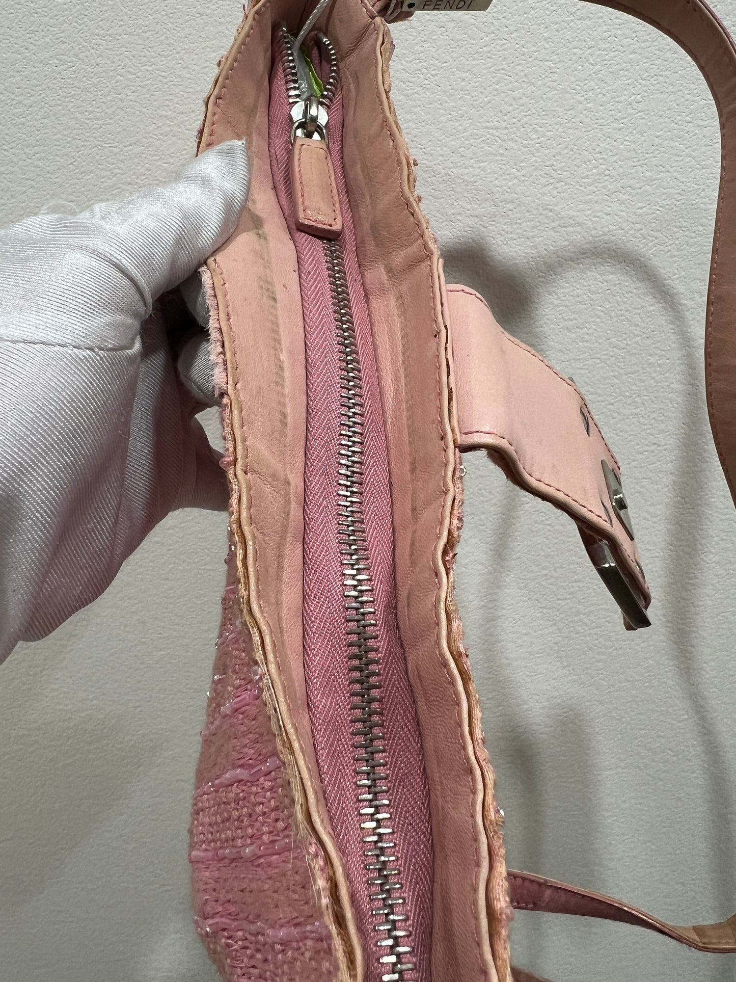 FENDI Pink Beaded Baguette Shoulder Bag