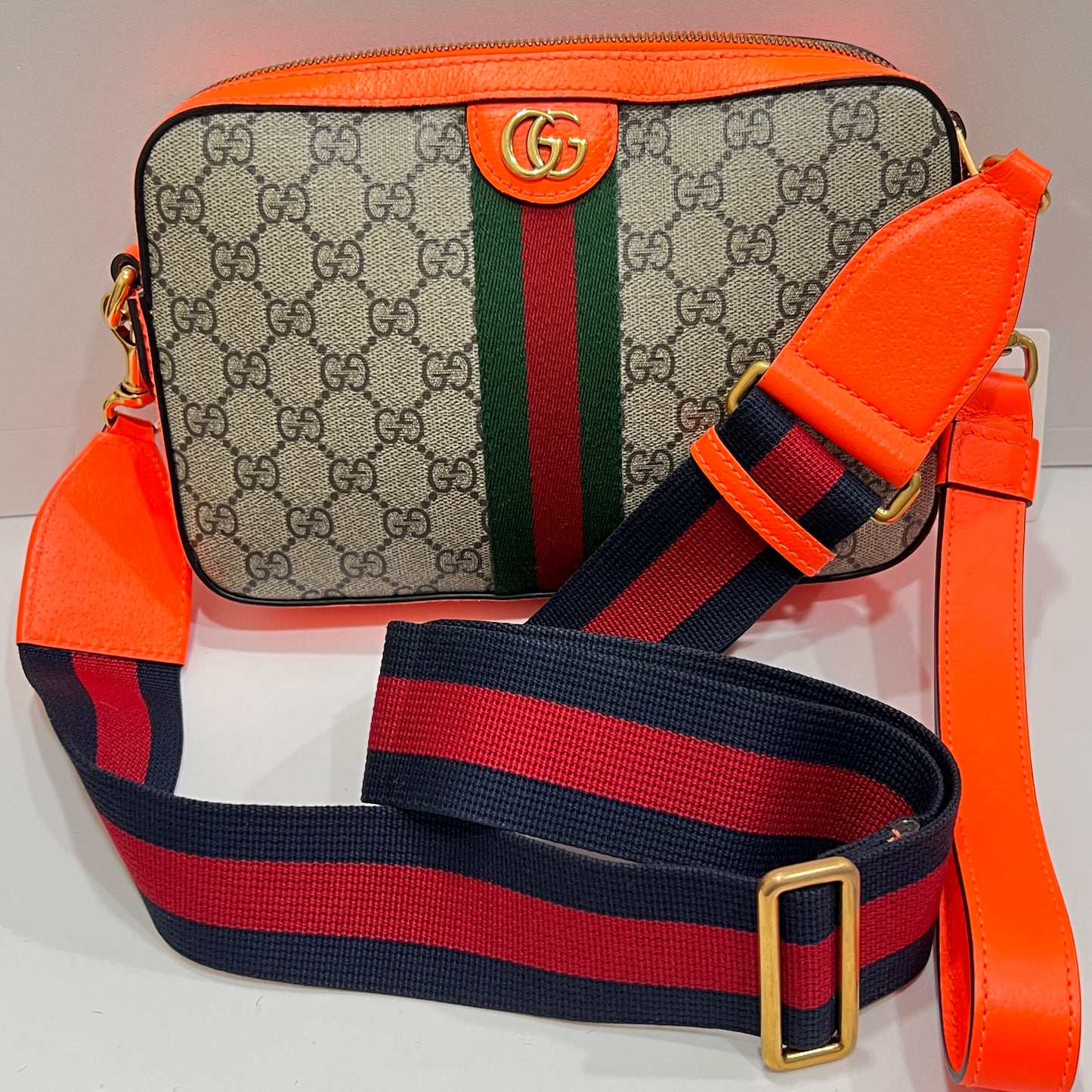 GUCCI GG Supreme Monogram Textured Dollar Calfskin Web Ophidia Wristlet Shoulder Bag Beige Ebony Orange