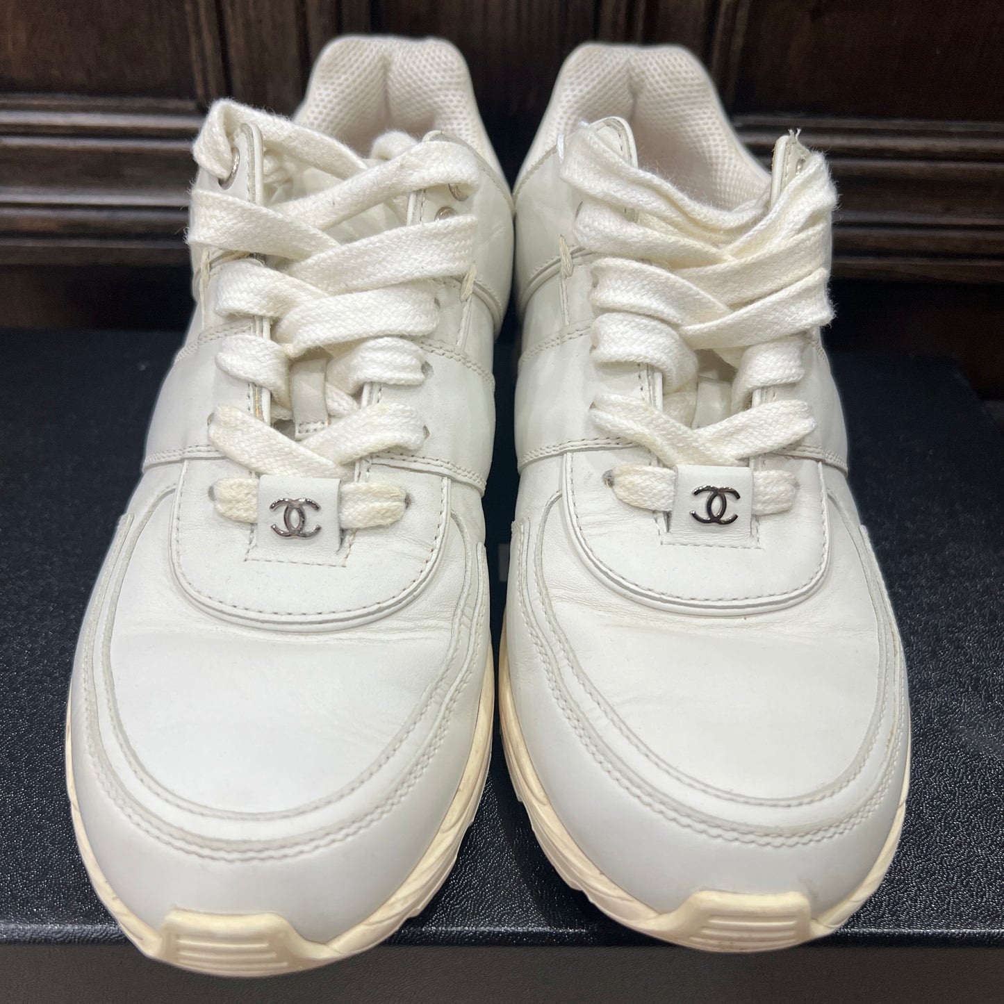 CHANEL White Leather And Tweed Trim CC Low Top Sneakers Size 36 1/2