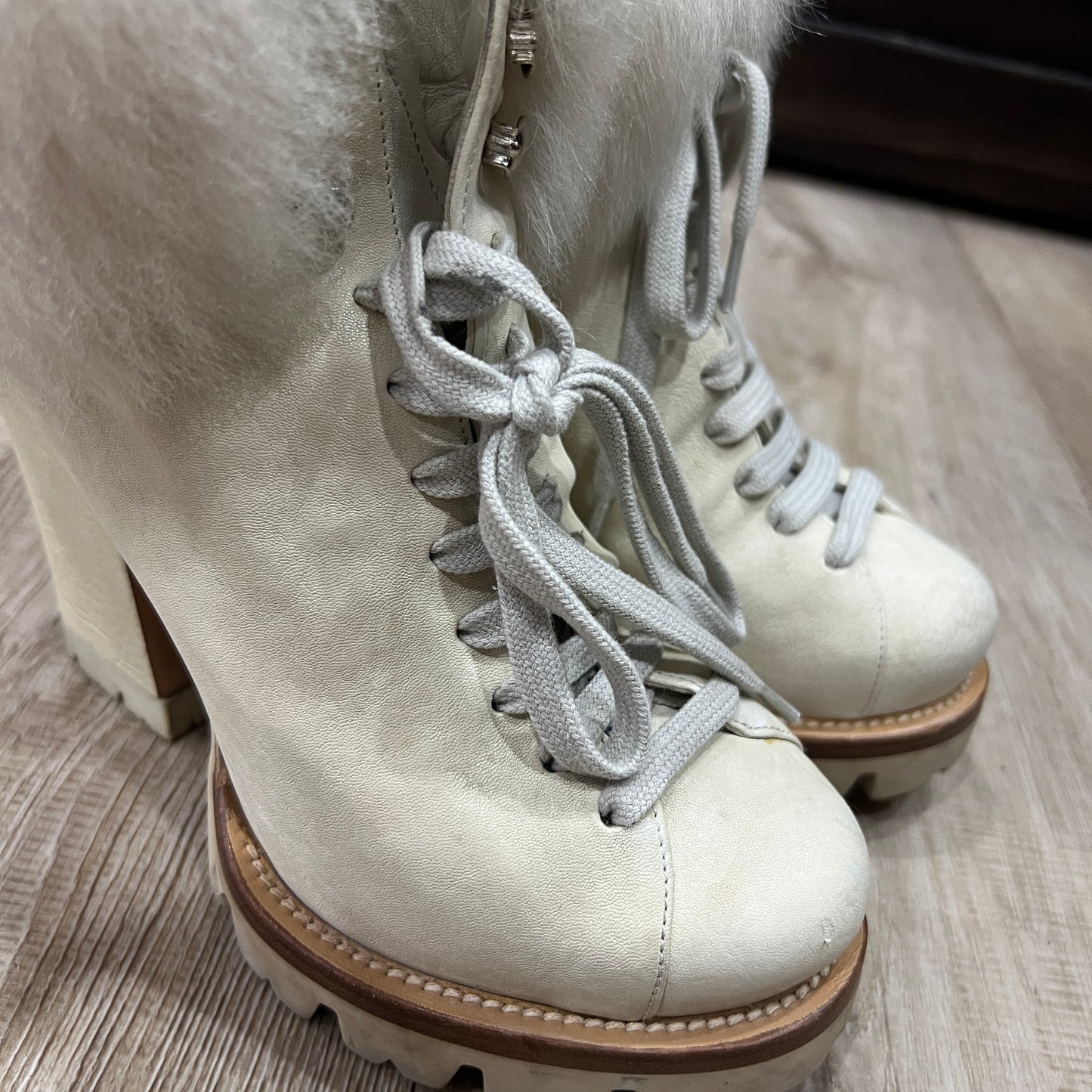 PRADA White Leather Fur Lined Shearling Half Boots Size 6 or 36 Shoes