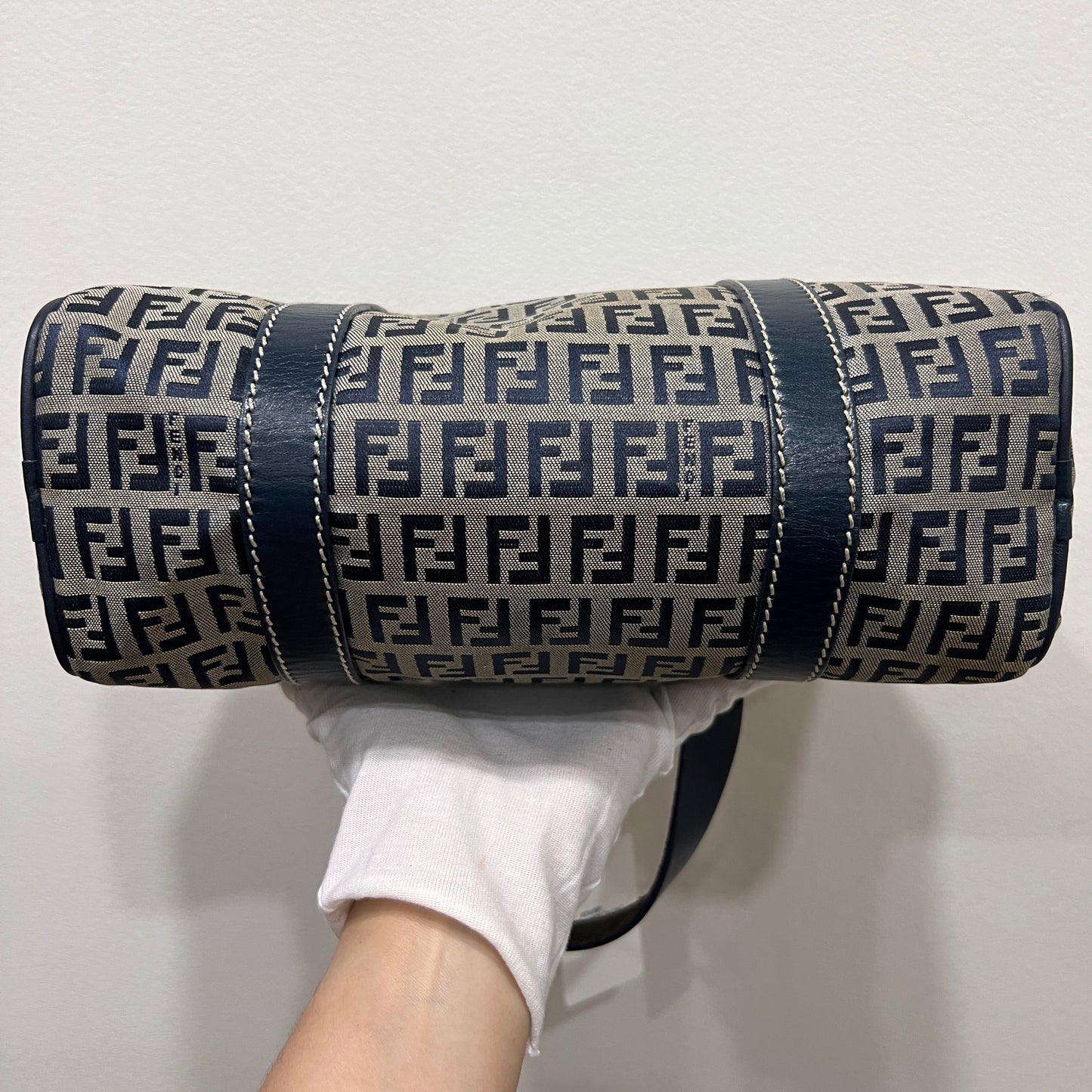 FENDI Zuccino Navy Blue Silver Hardware Handbag 25cm