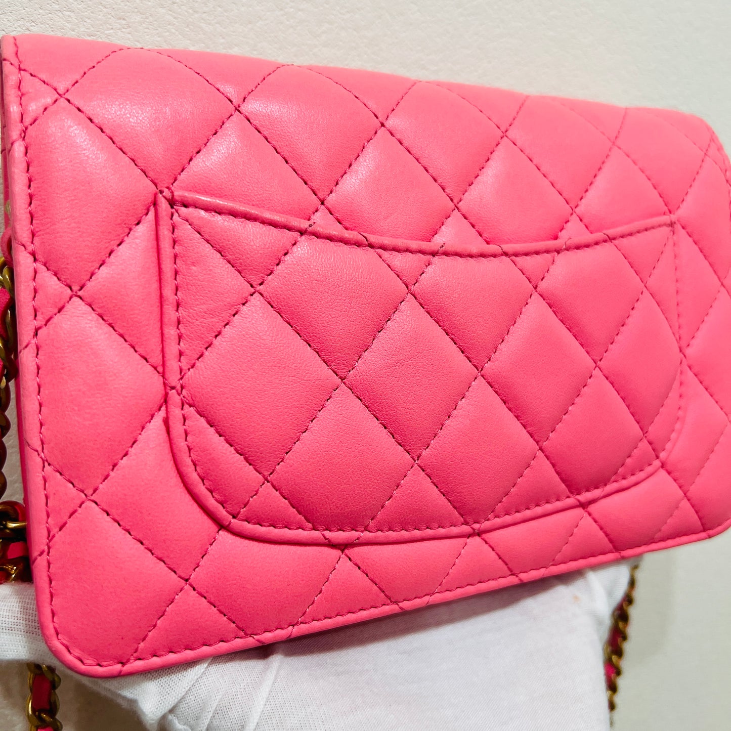 Chanel Pink Lambskin Leather Chain Wallet Crossbody