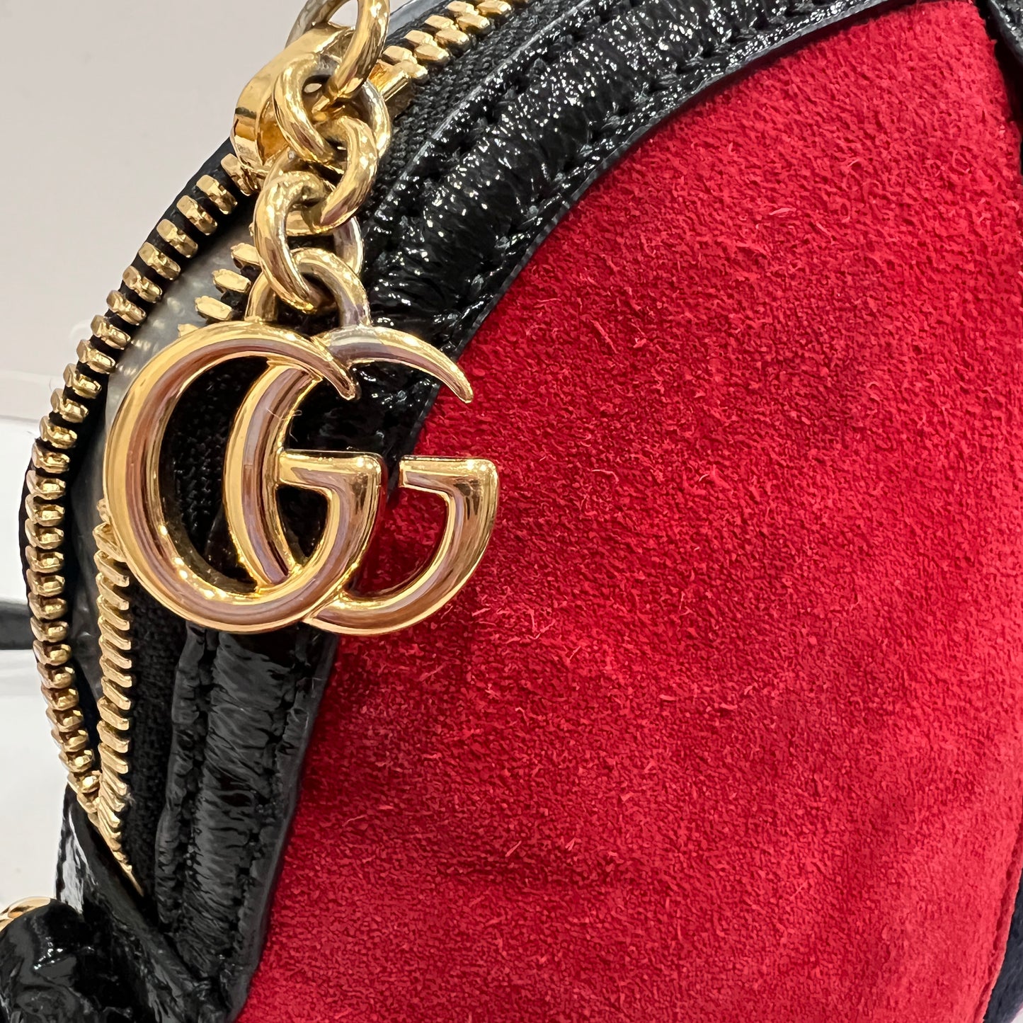 GUCCI Ophidia GG Suede Half-Moon Shoulder Bag RED