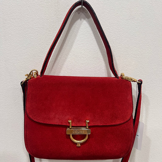 CELINE Horseshoe Red Suede Leather Two-Way Handbag