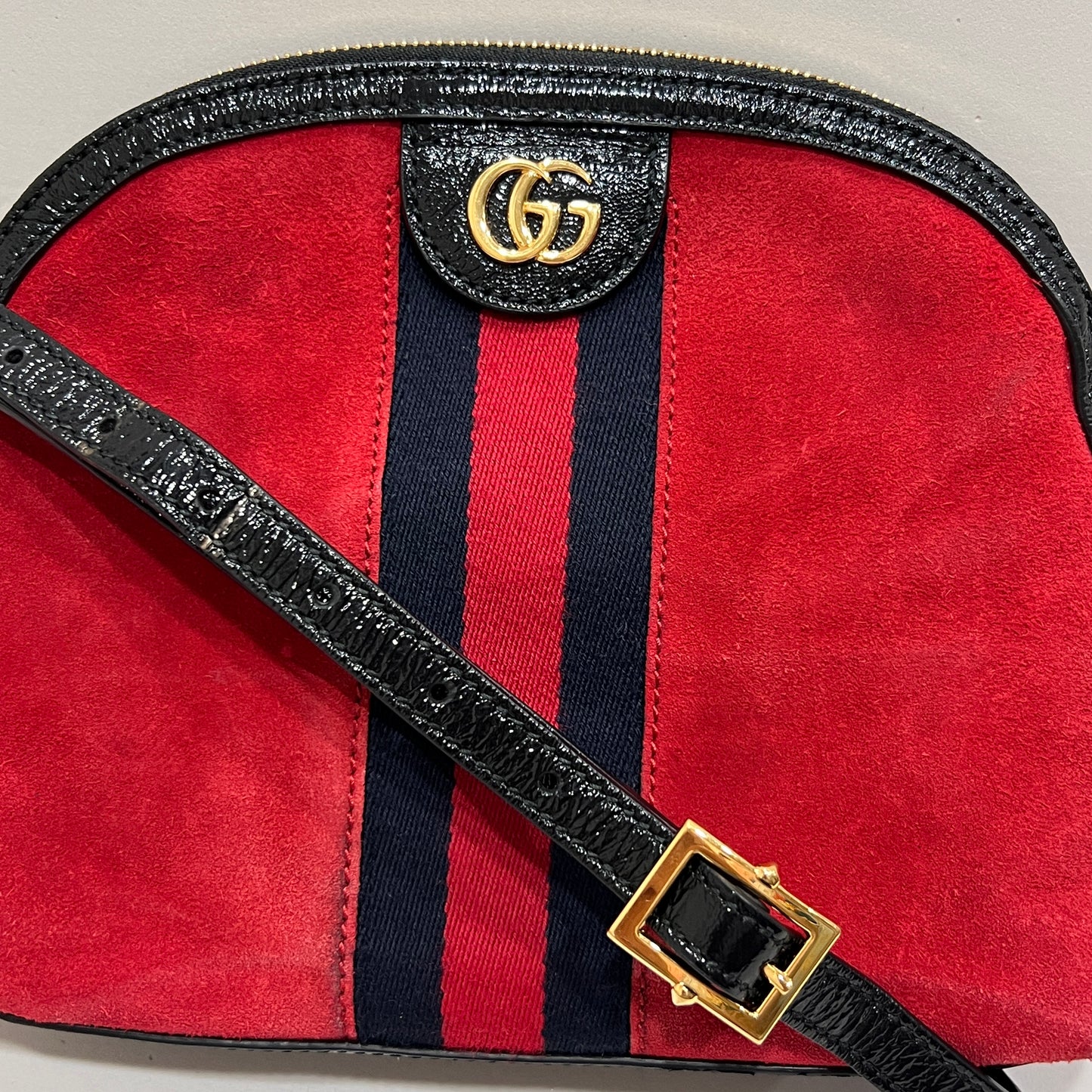 GUCCI Ophidia GG Suede Half-Moon Shoulder Bag RED