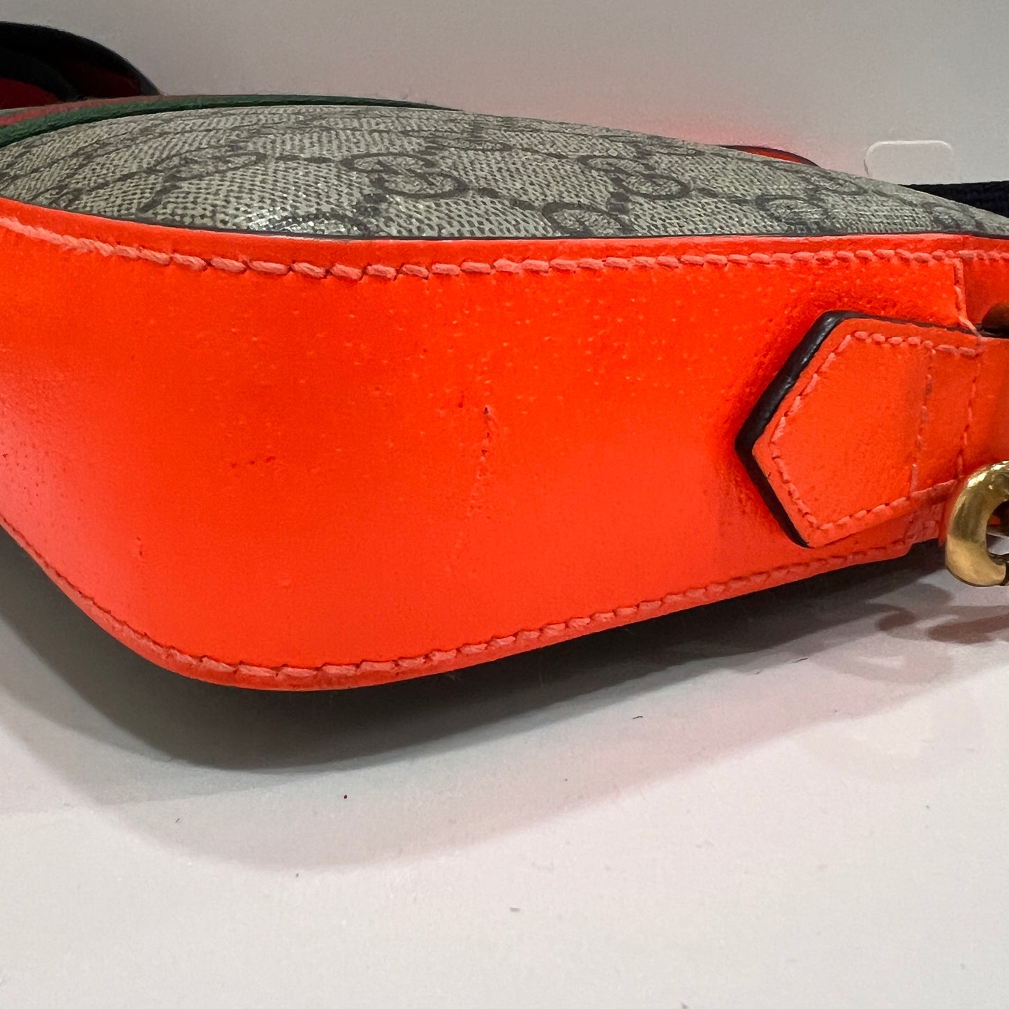 GUCCI GG Supreme Monogram Textured Dollar Calfskin Web Ophidia Wristlet Shoulder Bag Beige Ebony Orange