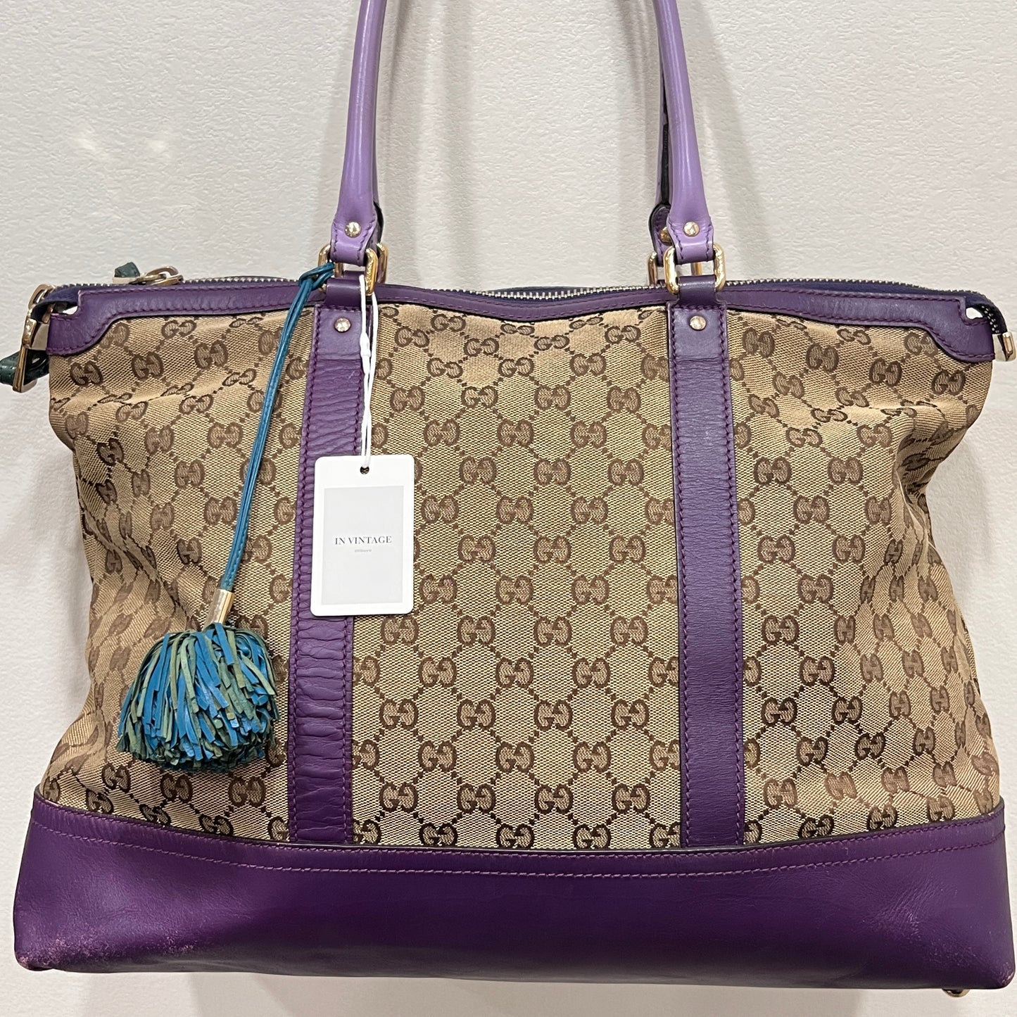 GUCCI GG Canvas Tote Bag Purple Trim and Leather Tassel Charm