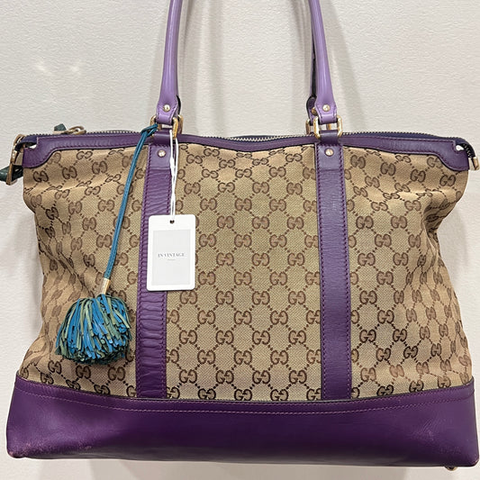 GUCCI GG Canvas Tote Bag Purple Trim and Leather Tassel Charm