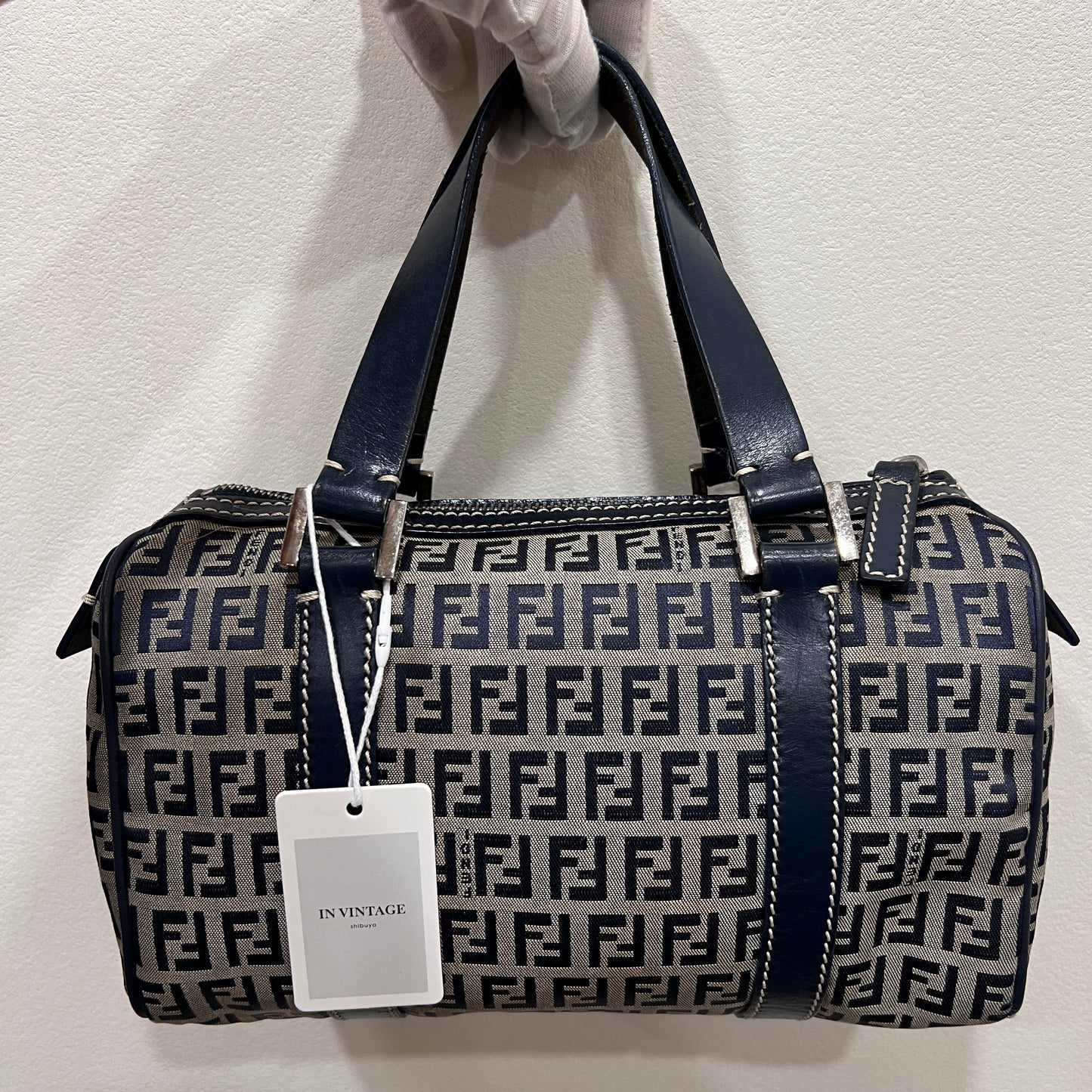 FENDI Zuccino Navy Blue Silver Hardware Handbag 25cm