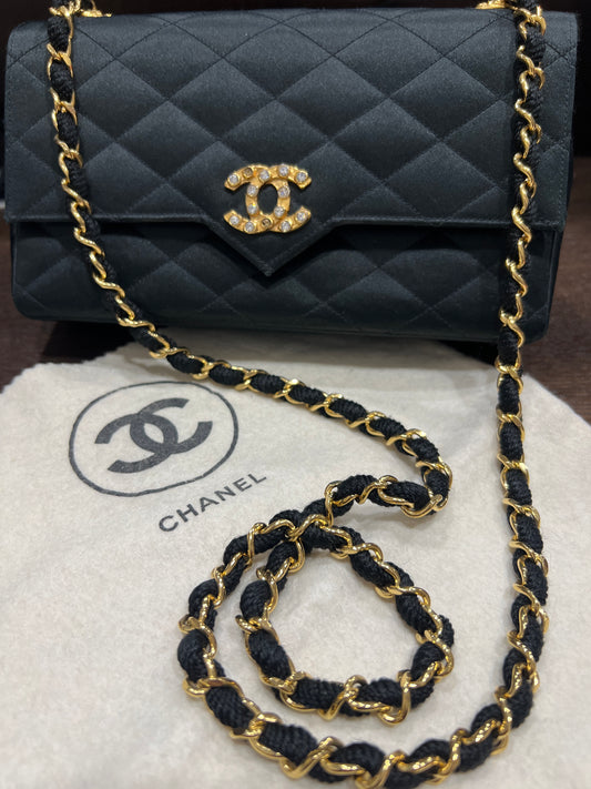CHANEL Vintage Satin Crystal Embellished Pointed Flap Gold Chain Year 1986-1988