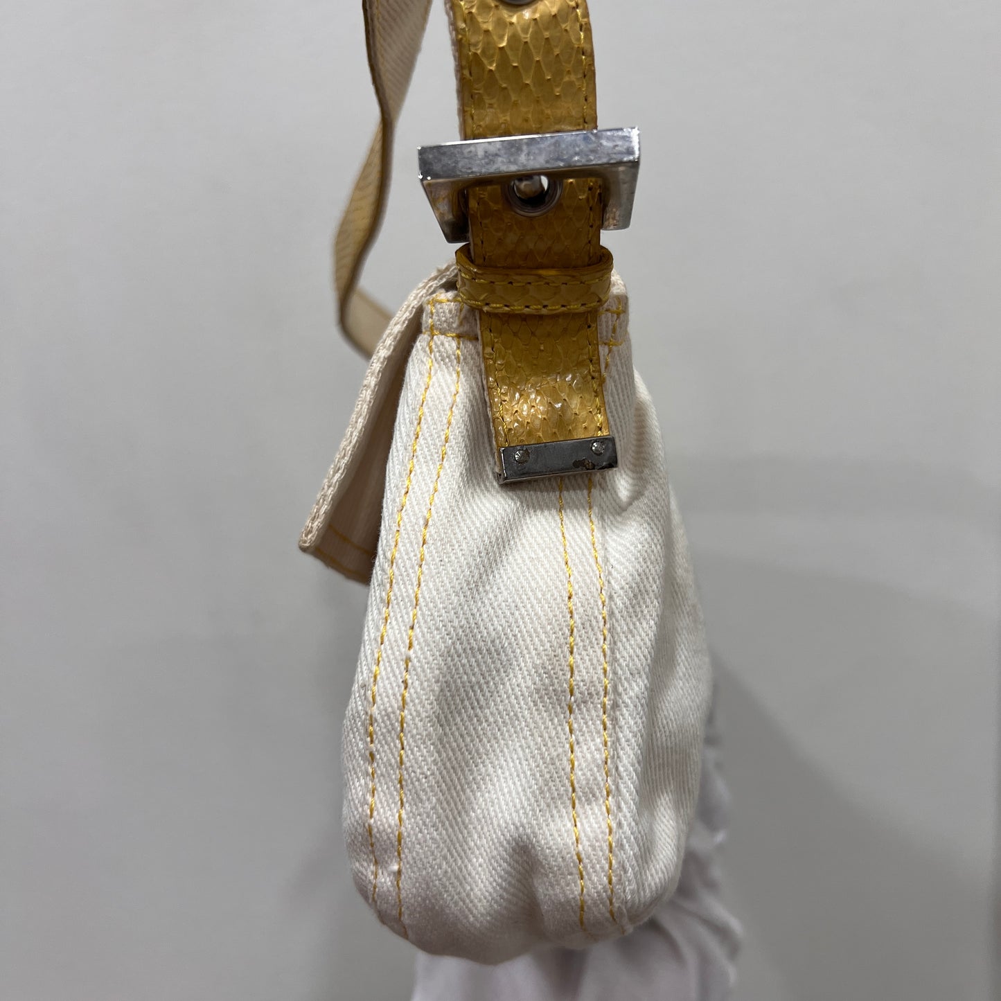 FENDI White Denim & Snakeskin Baguette