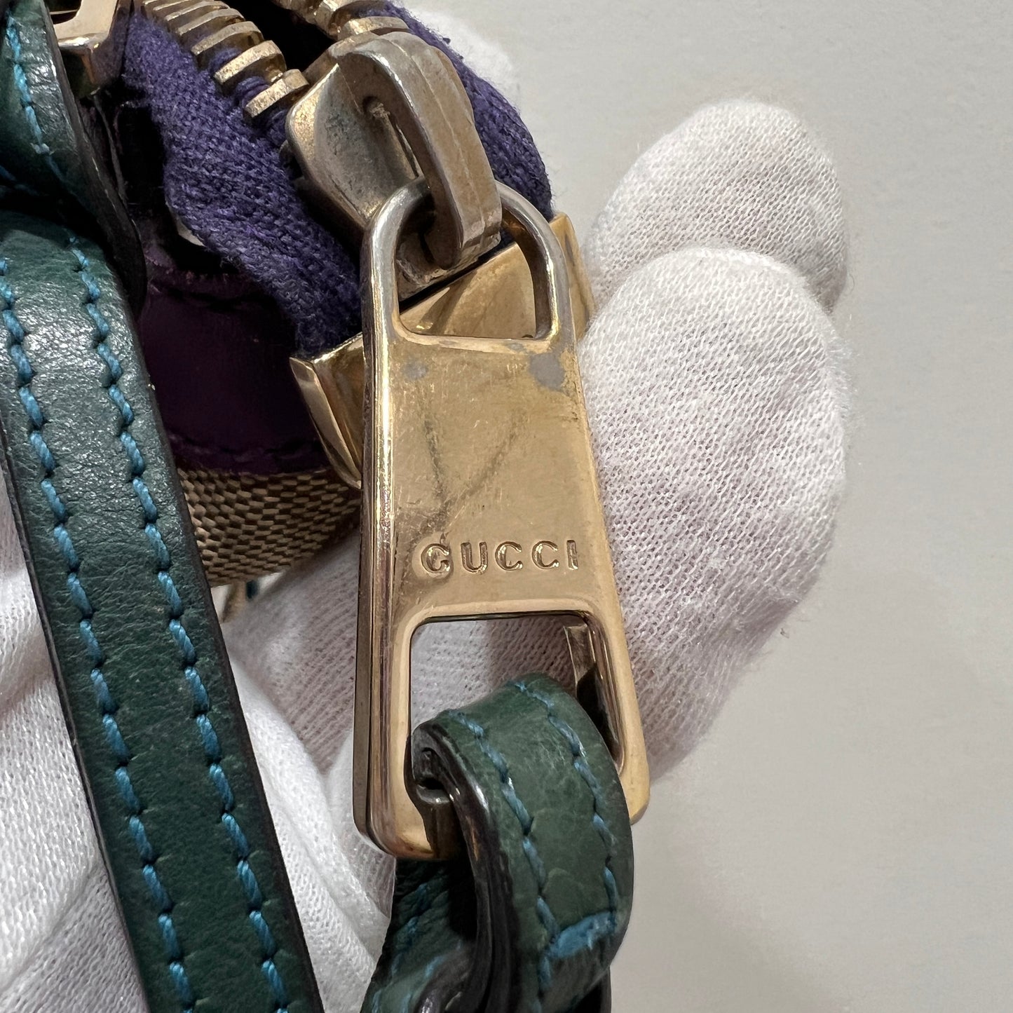 GUCCI GG Canvas Tote Bag Purple Trim and Leather Tassel Charm