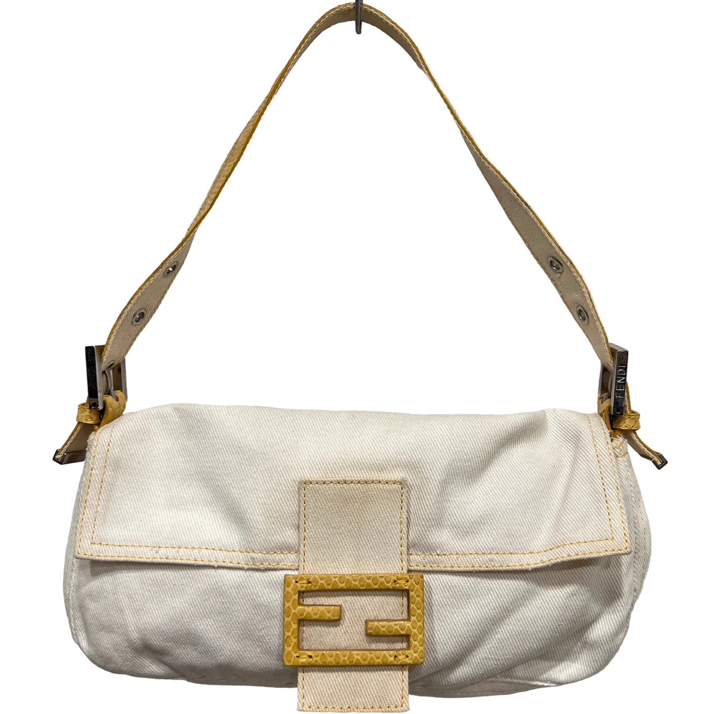 FENDI White Denim & Snakeskin Baguette