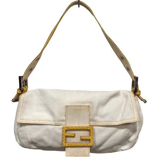 FENDI White Denim & Snakeskin Baguette