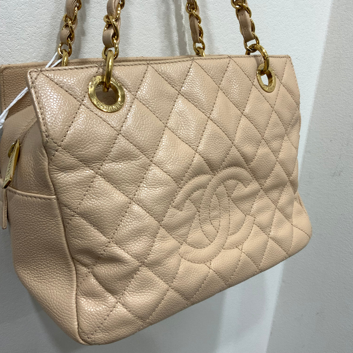 CHANEL Beige Petite Timeless Tote Quilted Caviar Leather