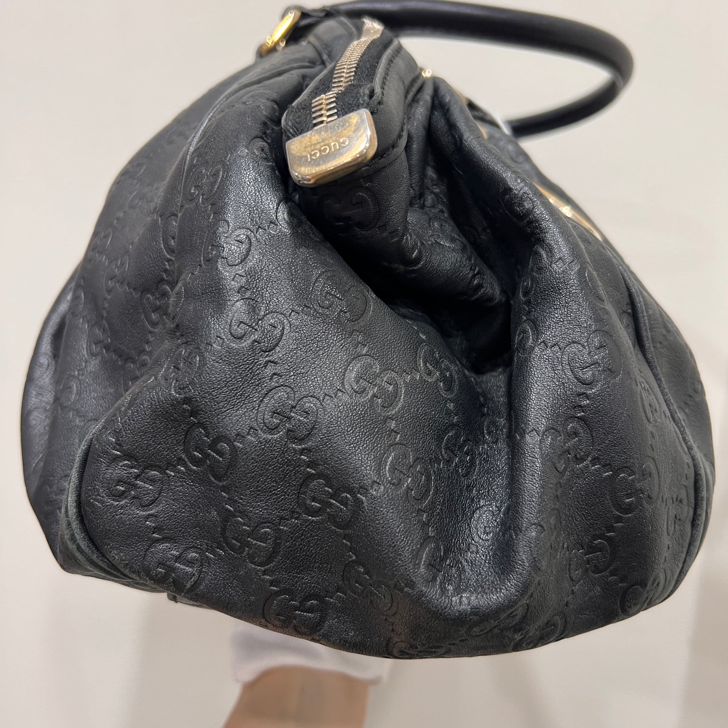 GUCCI Sukey Handbag in Timeless Black Guccissima (GG embossed) Leather